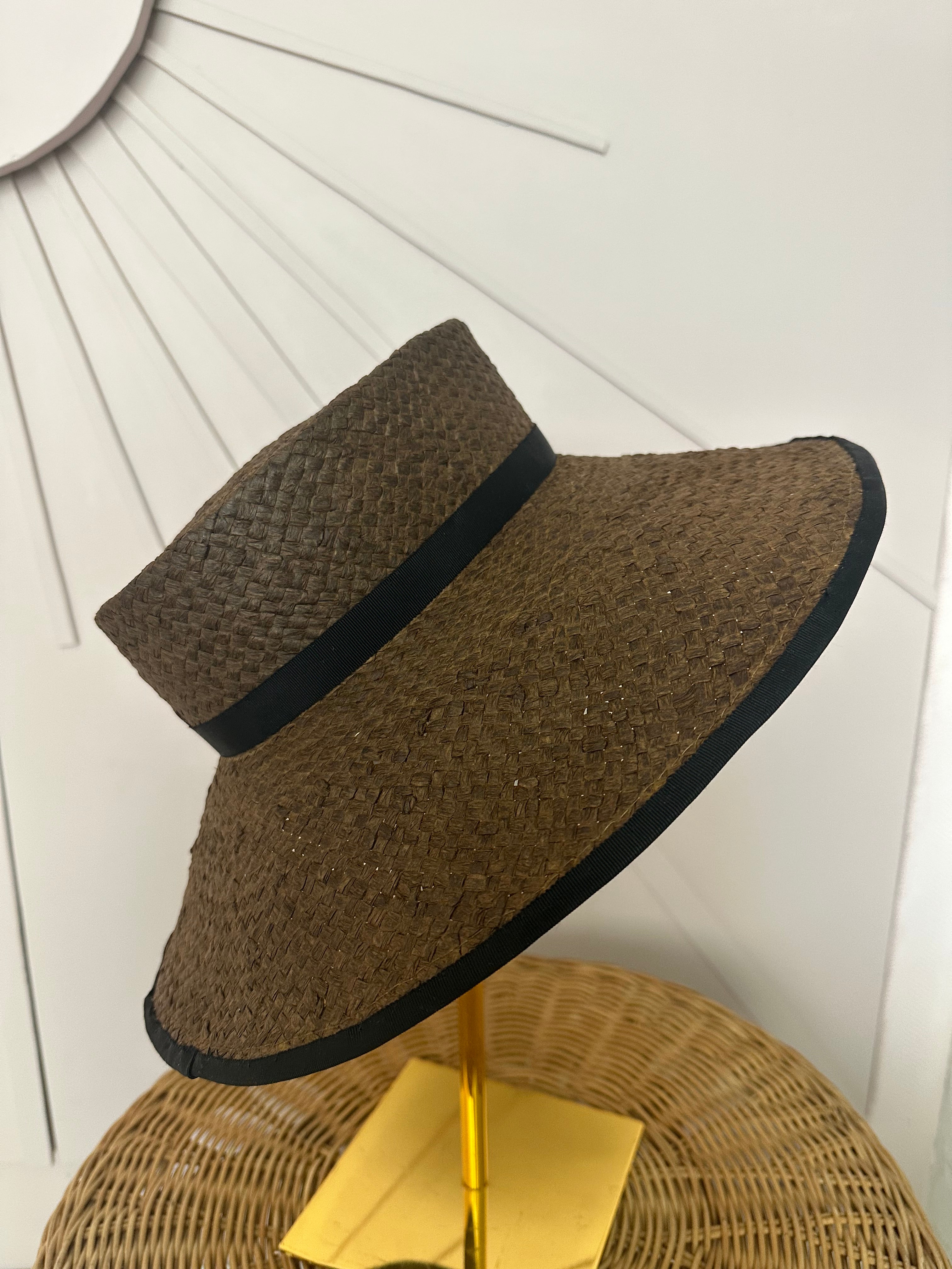 Chocolate Brown Wide Brim Straw Occasion Hat with Vintage Black Petersham Trim