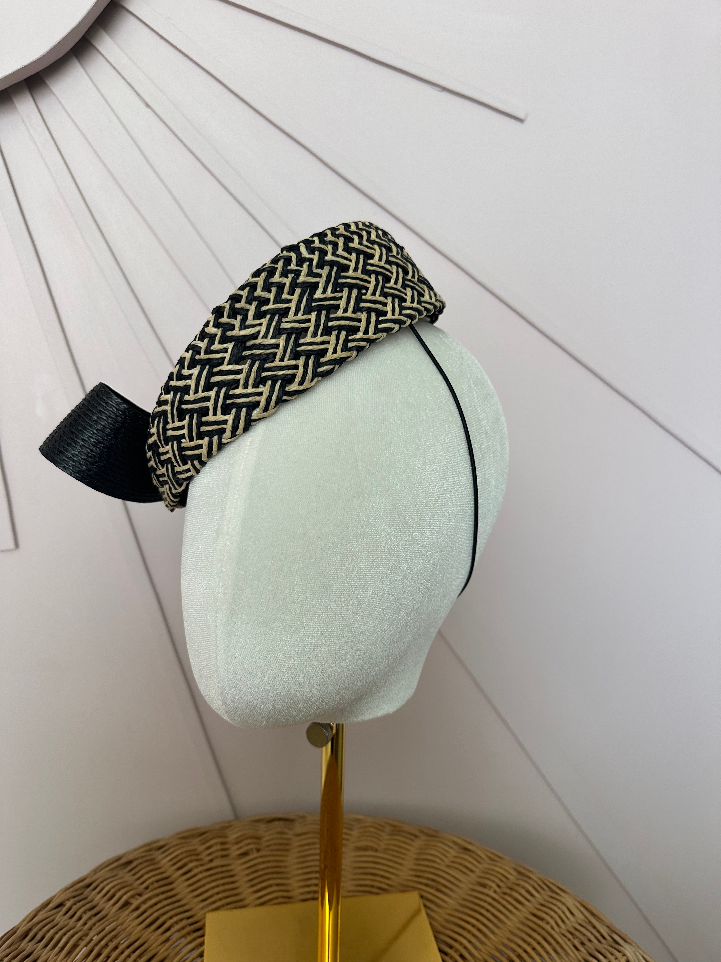 Black & Natural Woven Pillbox Hat with Sculptural Bow