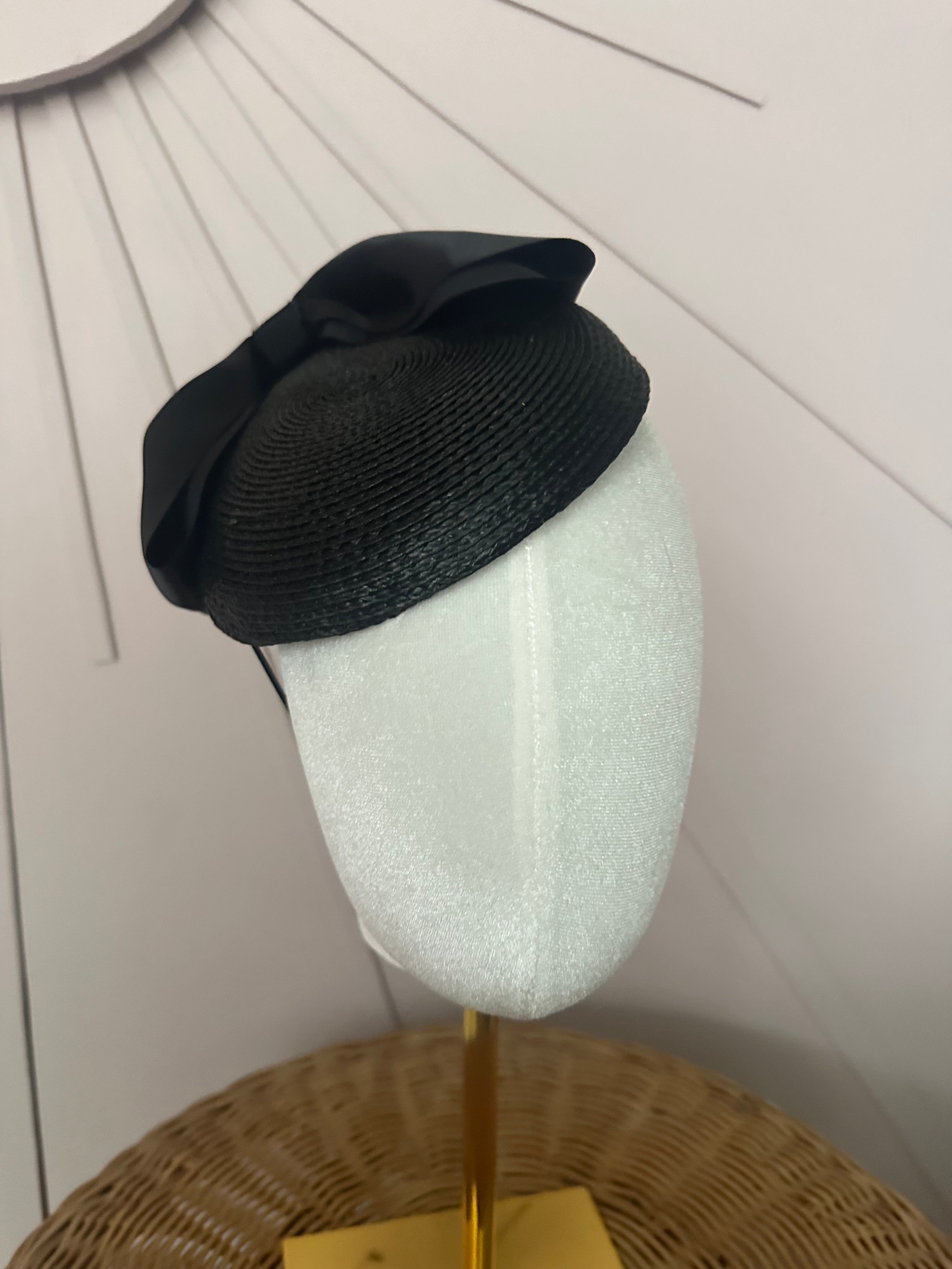 Classic Black Woven Poly Braid Button Cocktail Hat with Sculptural Satin Bow