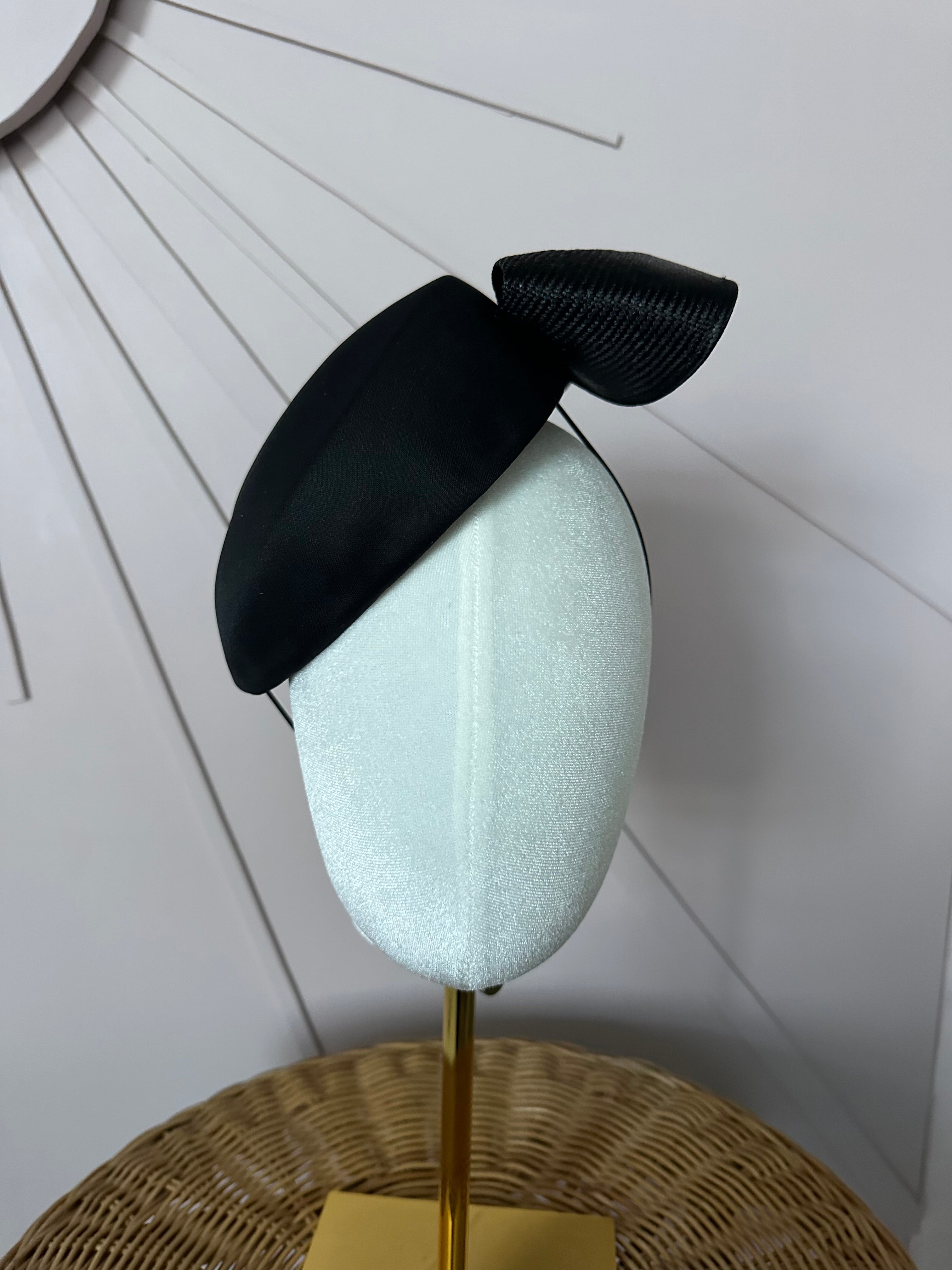 Vintage Black Satin Cocktail Hat with Sculptural Sisal Bow