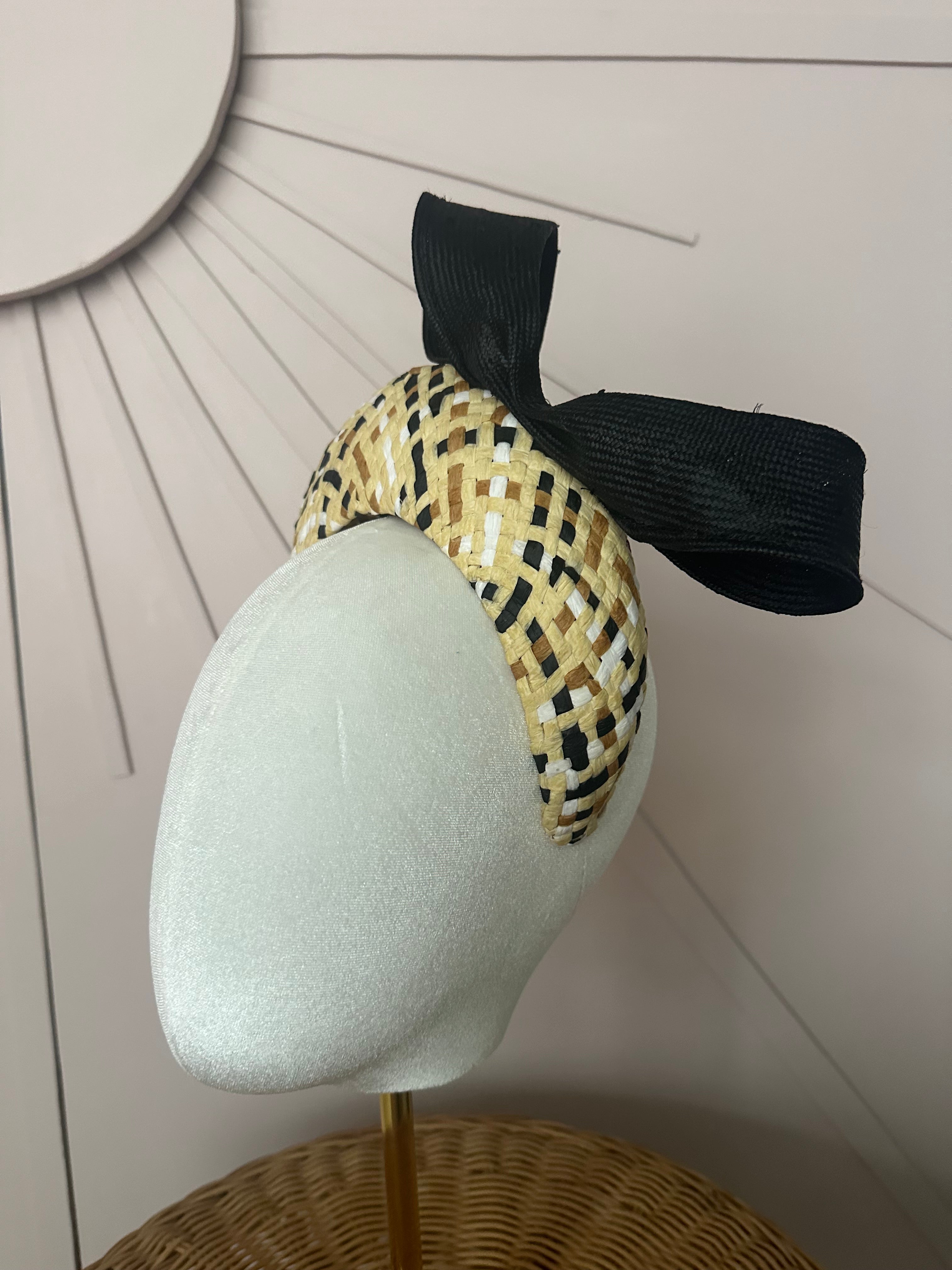 Patterned Straw Halo Headband with Vintage Sisal Bow | One-of-a-Kind Millinery