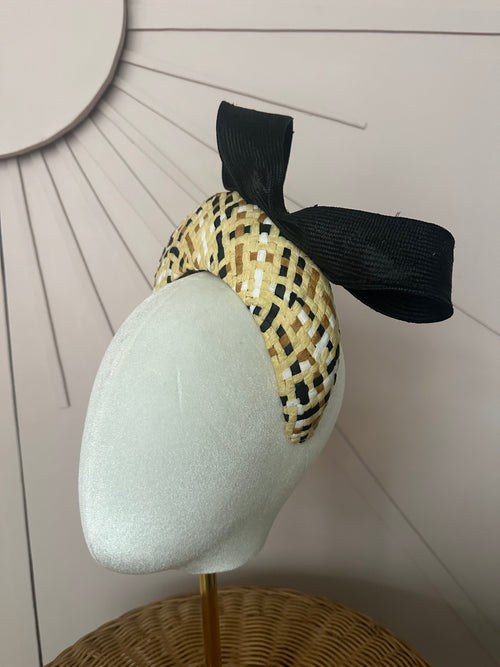 Patterned Straw Halo Headband with Vintage Sisal Bow | One-of-a-Kind Millinery