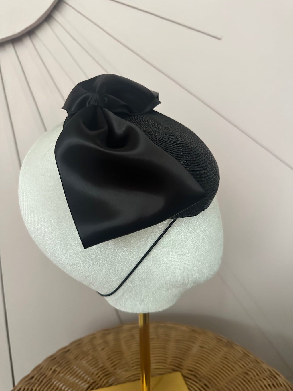 Classic Black Woven Poly Braid Button Cocktail Hat with Sculptural Satin Bow