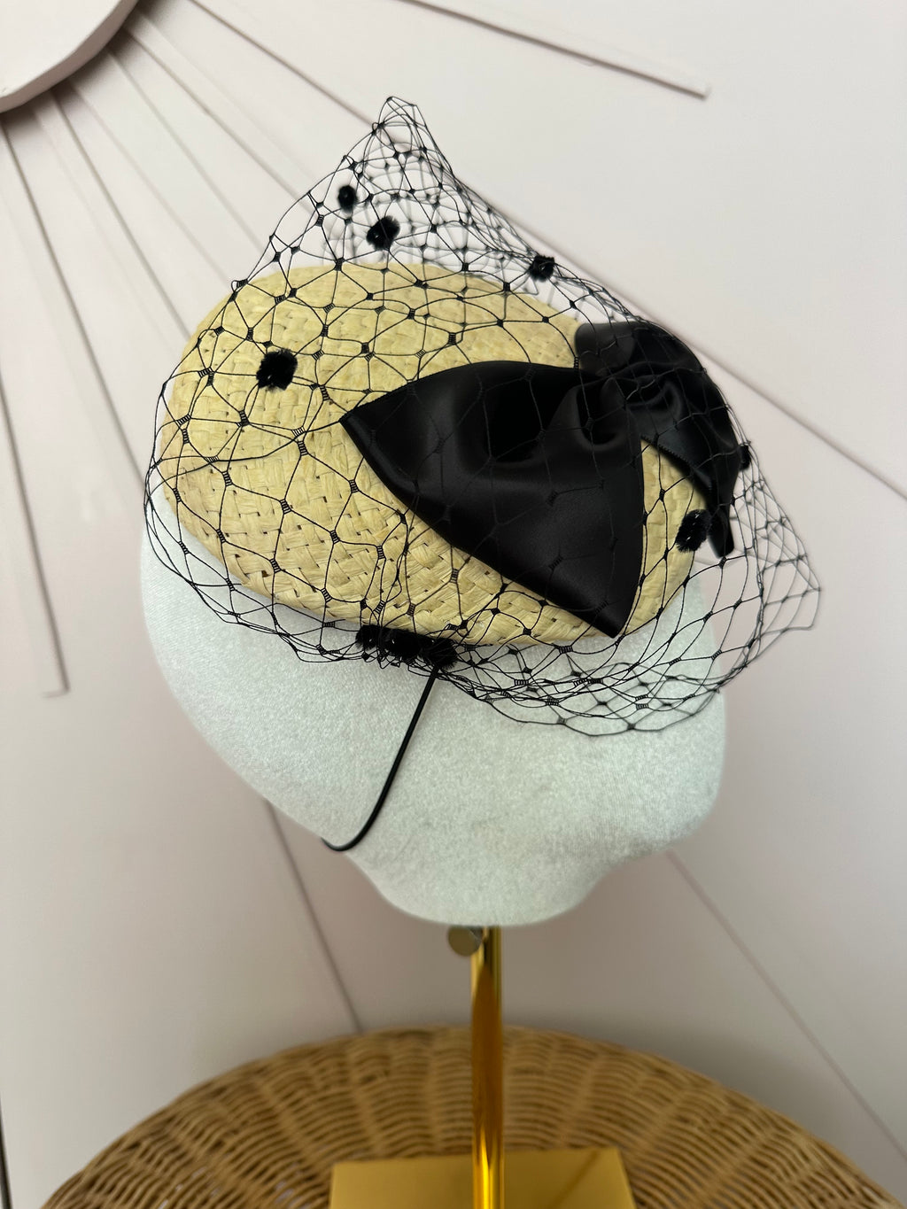 Natural Straw Button Cocktail Hat with Black Bow & French Veiling
