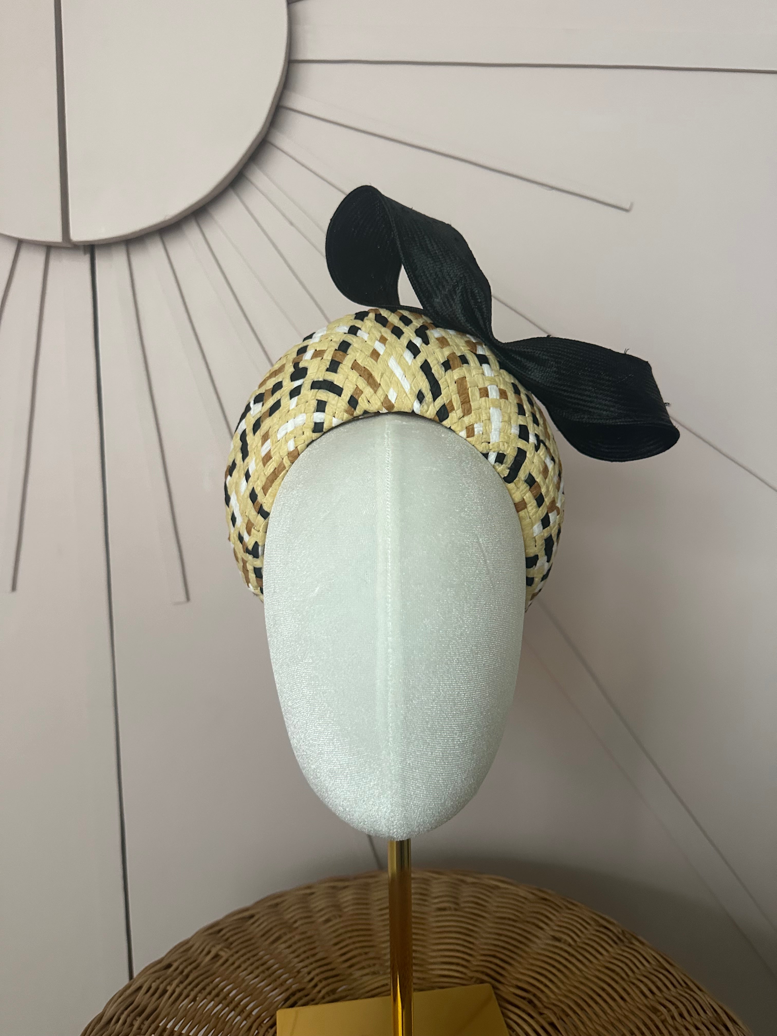 Patterned Straw Halo Headband with Vintage Sisal Bow | One-of-a-Kind Millinery