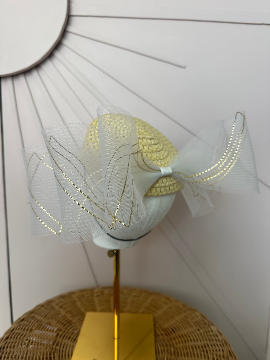Natural Straw Pillbox Hat with Ivory & Gold Crinoline Bow