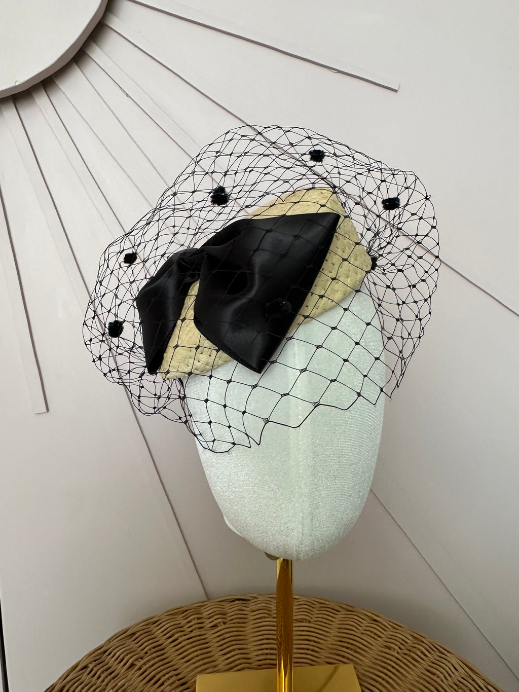 Natural Straw Button Cocktail Hat with Black Bow & French Veiling