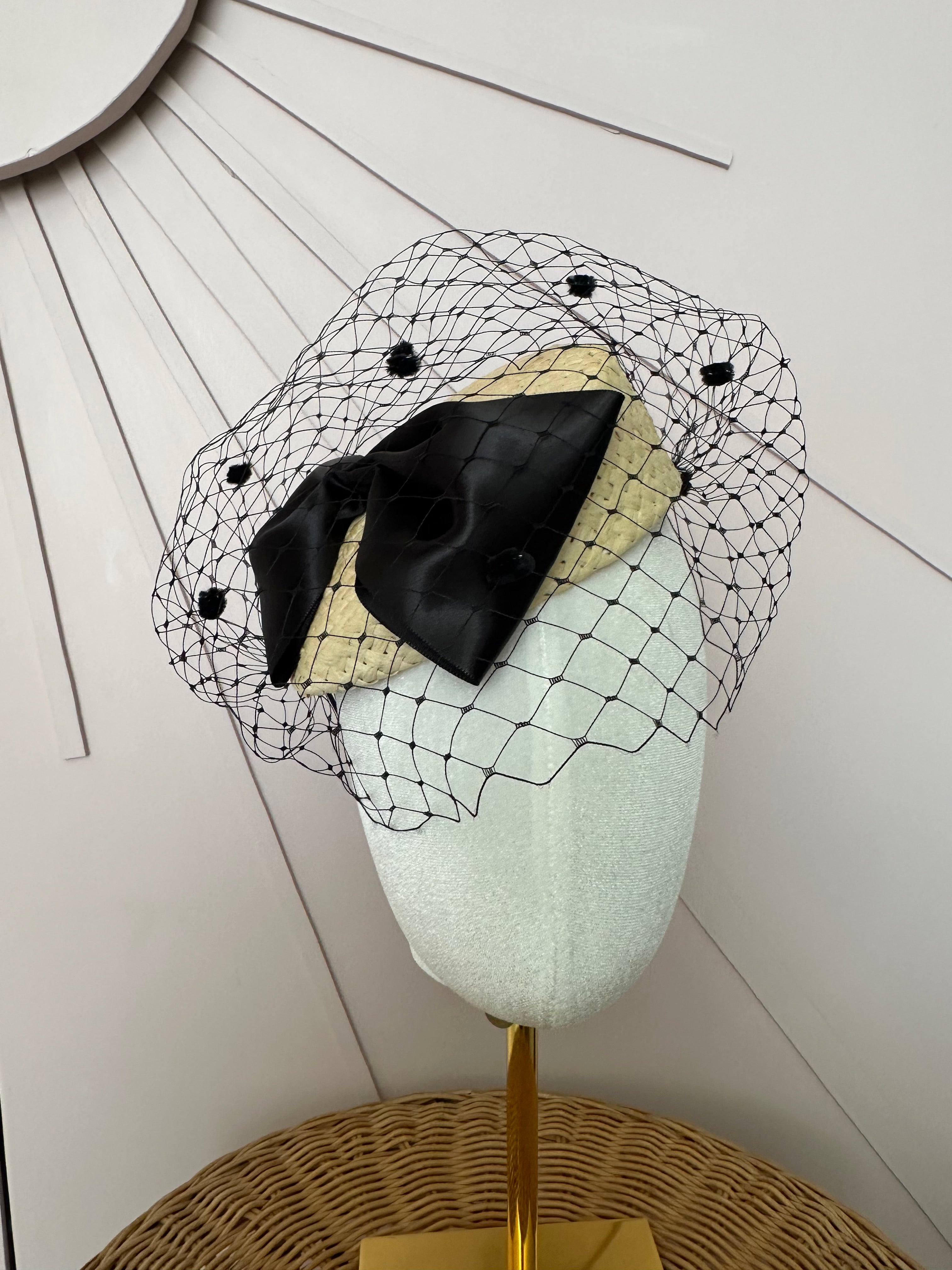 Natural Straw Button Cocktail Hat with Black Bow & French Veiling