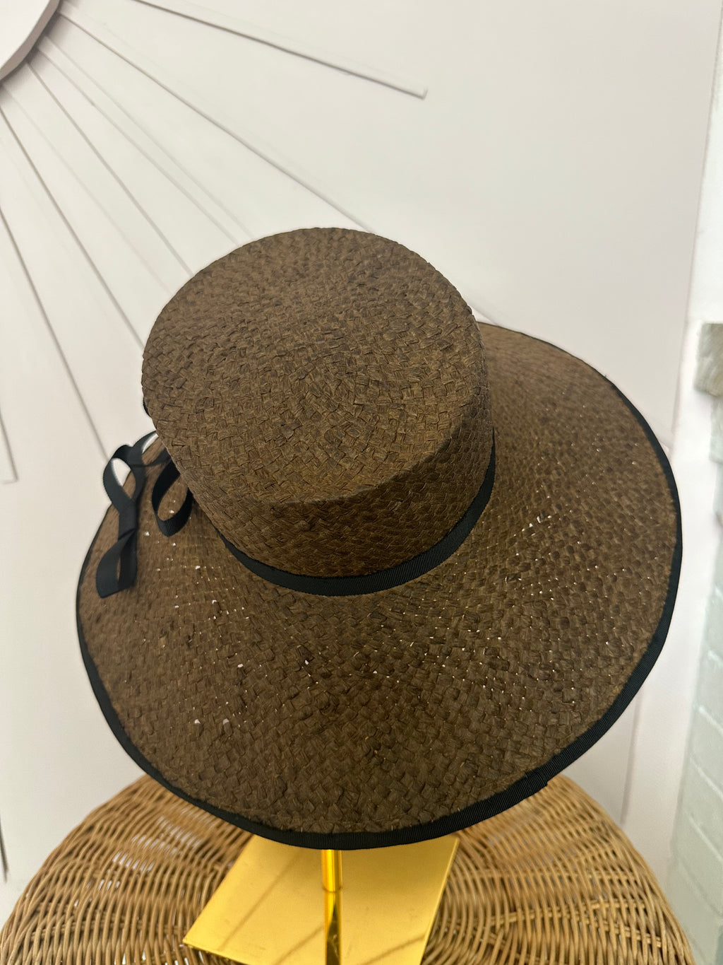 Chocolate Brown Wide Brim Straw Occasion Hat with Vintage Black Petersham Trim