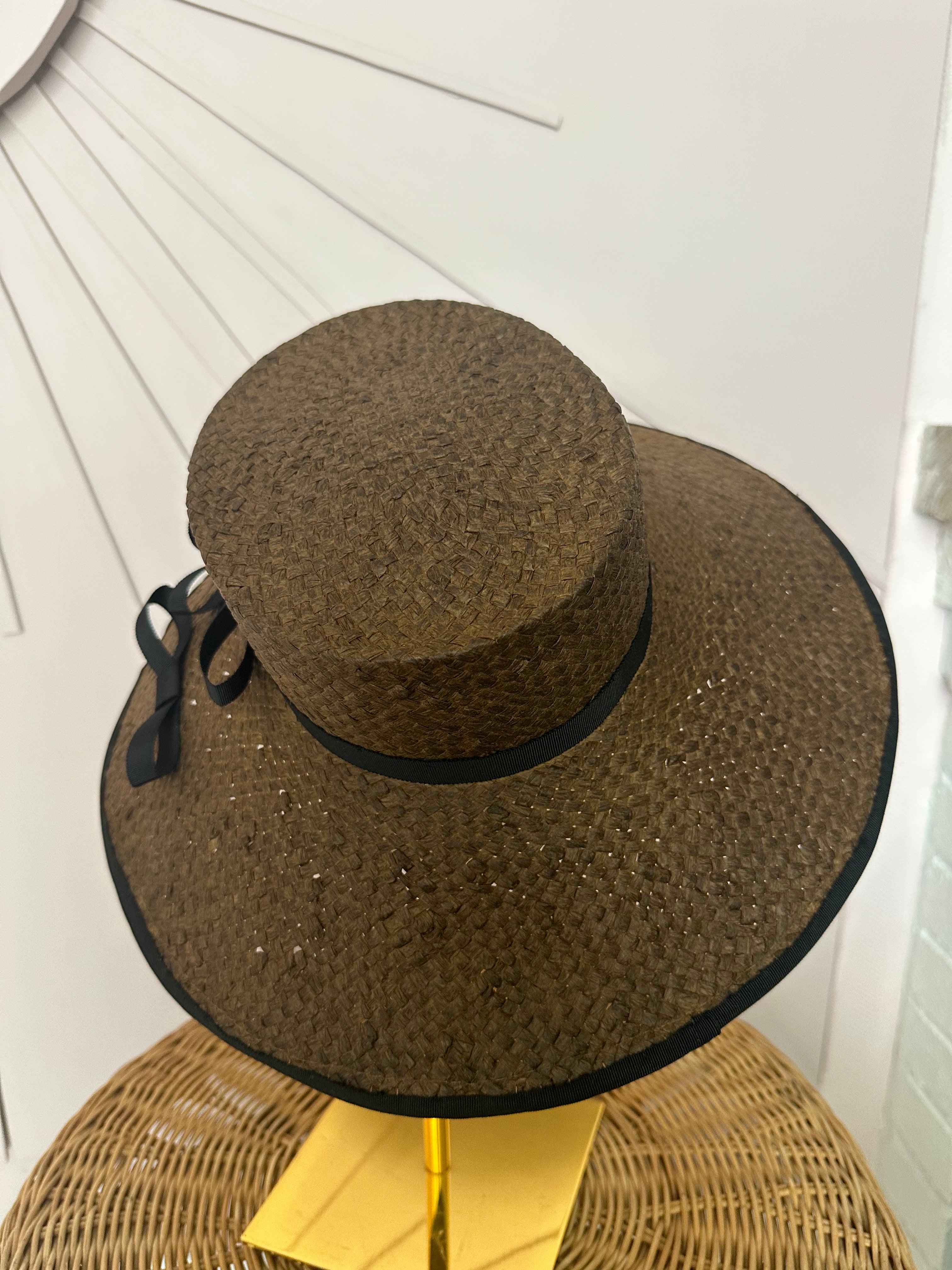 Chocolate Brown Wide Brim Straw Occasion Hat with Vintage Black Petersham Trim