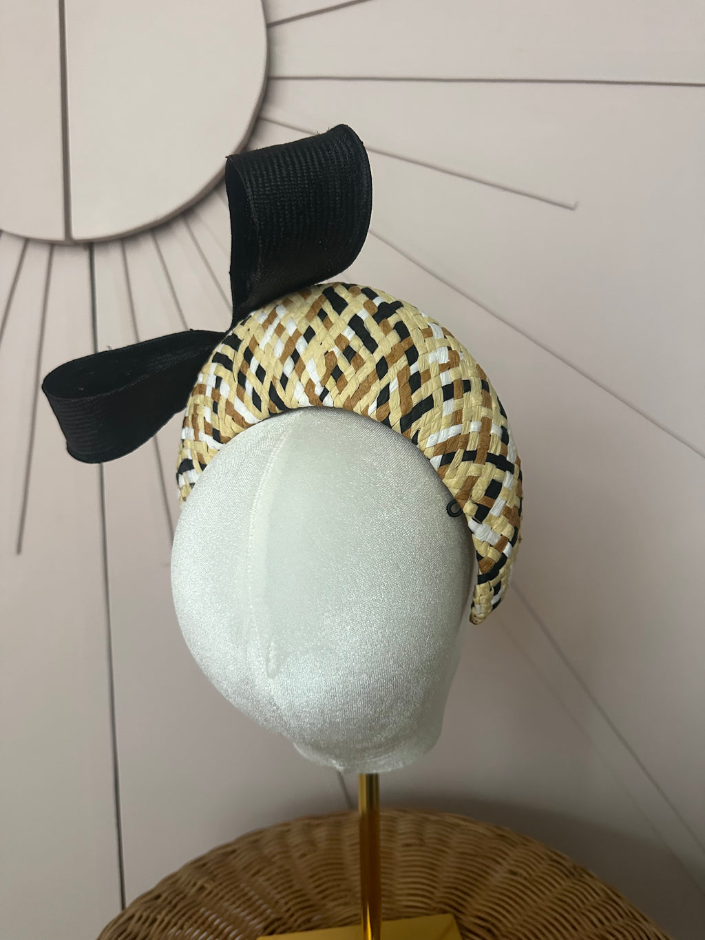 Patterned Straw Halo Headband with Vintage Sisal Bow | One-of-a-Kind Millinery