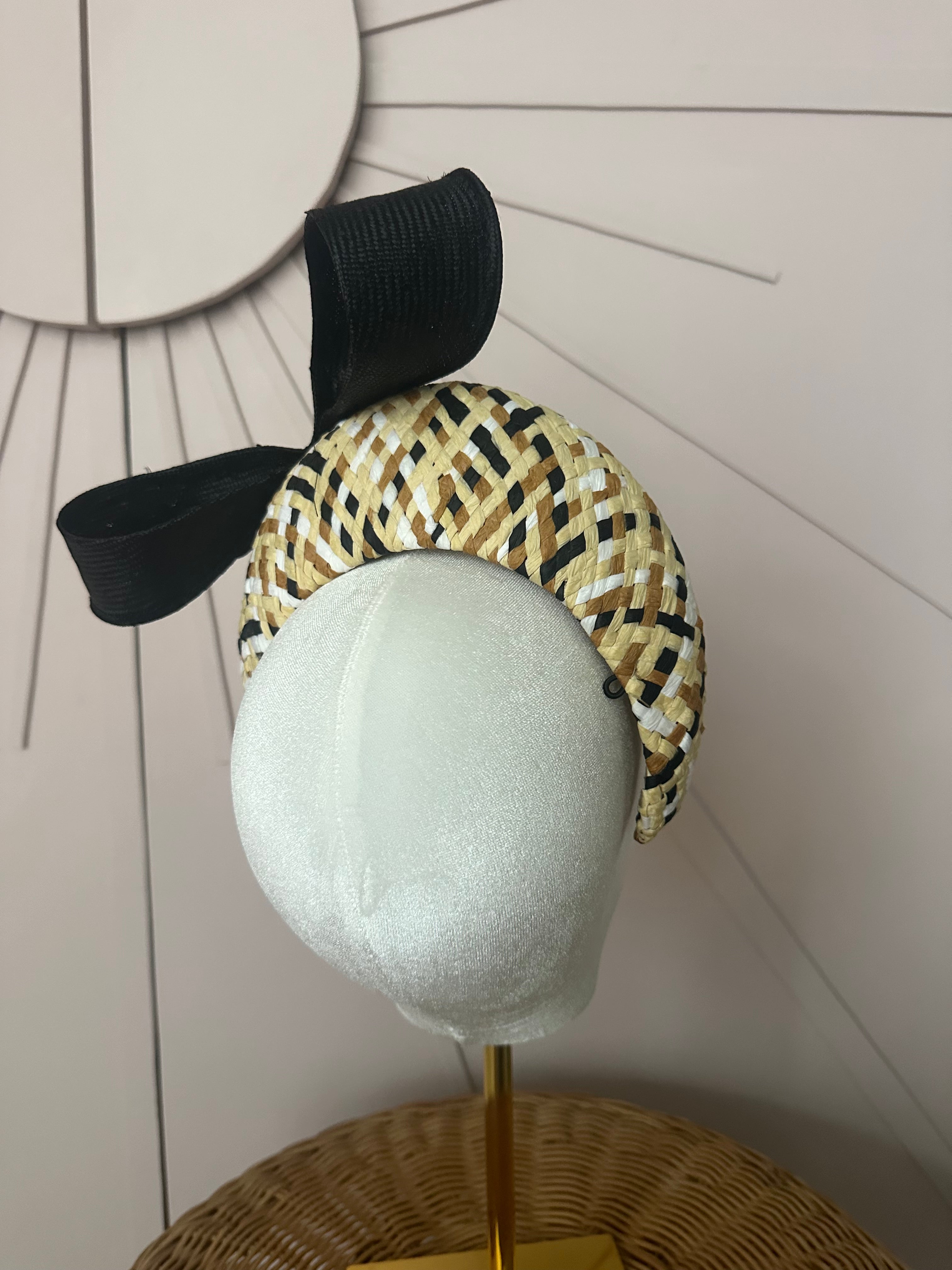 Patterned Straw Halo Headband with Vintage Sisal Bow | One-of-a-Kind Millinery
