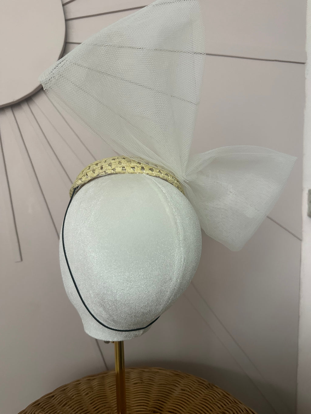 Natural Straw Cocktail Hat with Sculptural Tulle Bow