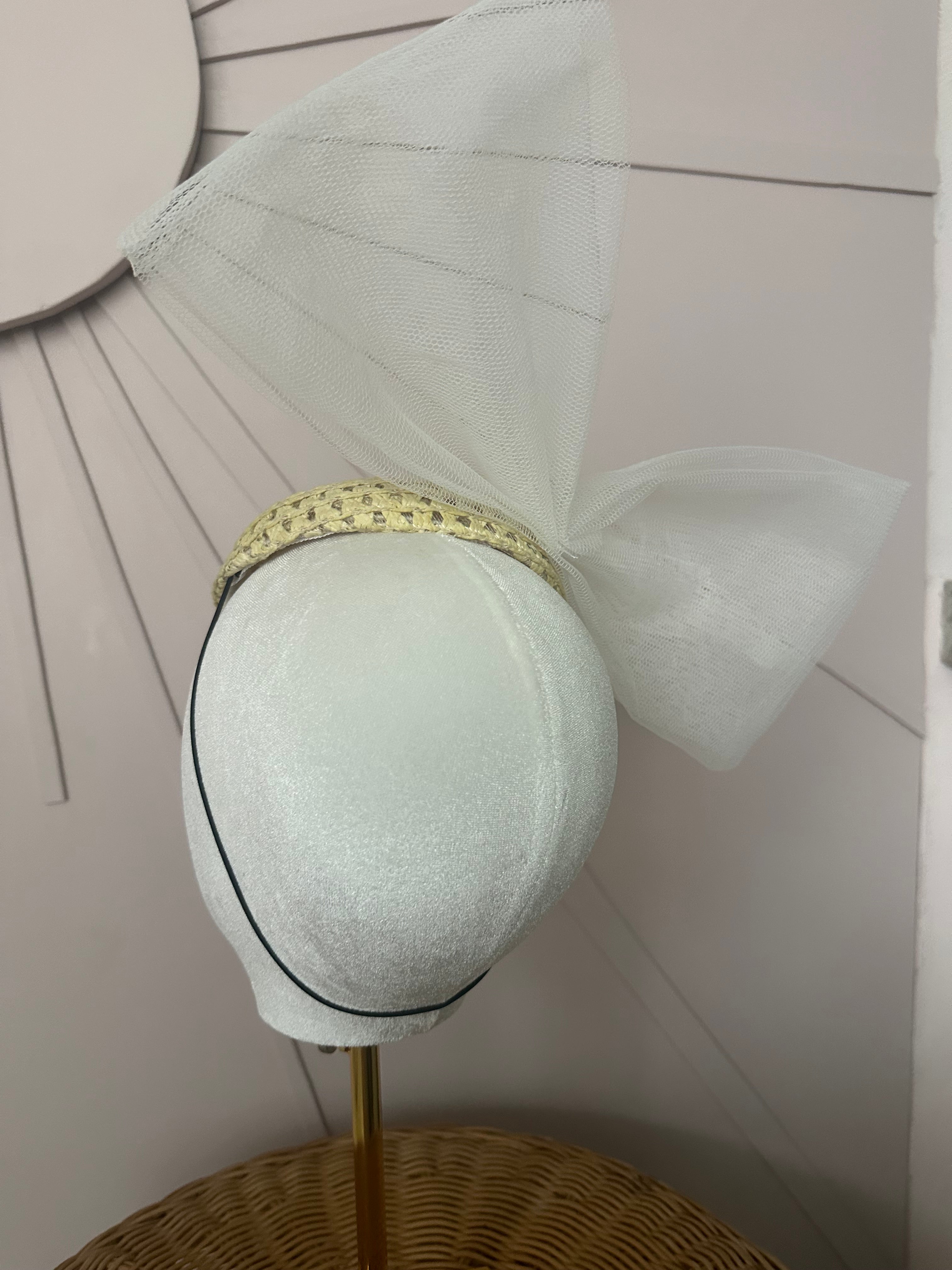 Natural Straw Cocktail Hat with Sculptural Tulle Bow