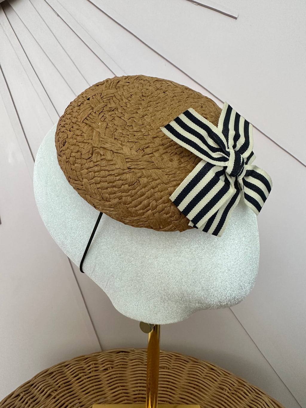Woven Straw Button Cocktail Hat with Navy & Ivory Grosgrain Bow
