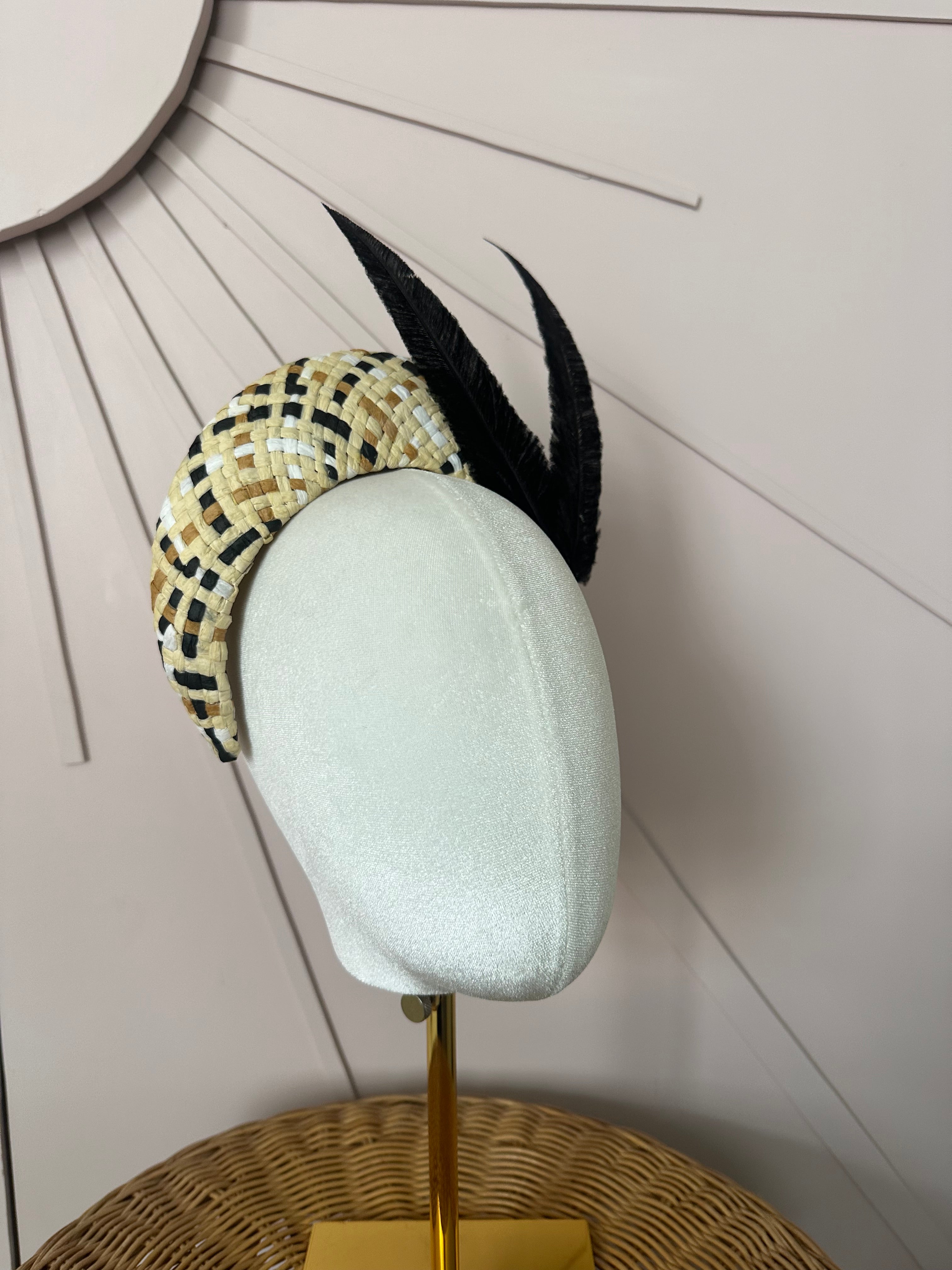 Black & Natural Woven Straw Halo Headpiece Woven with Hand-Trimmed Feather Detail