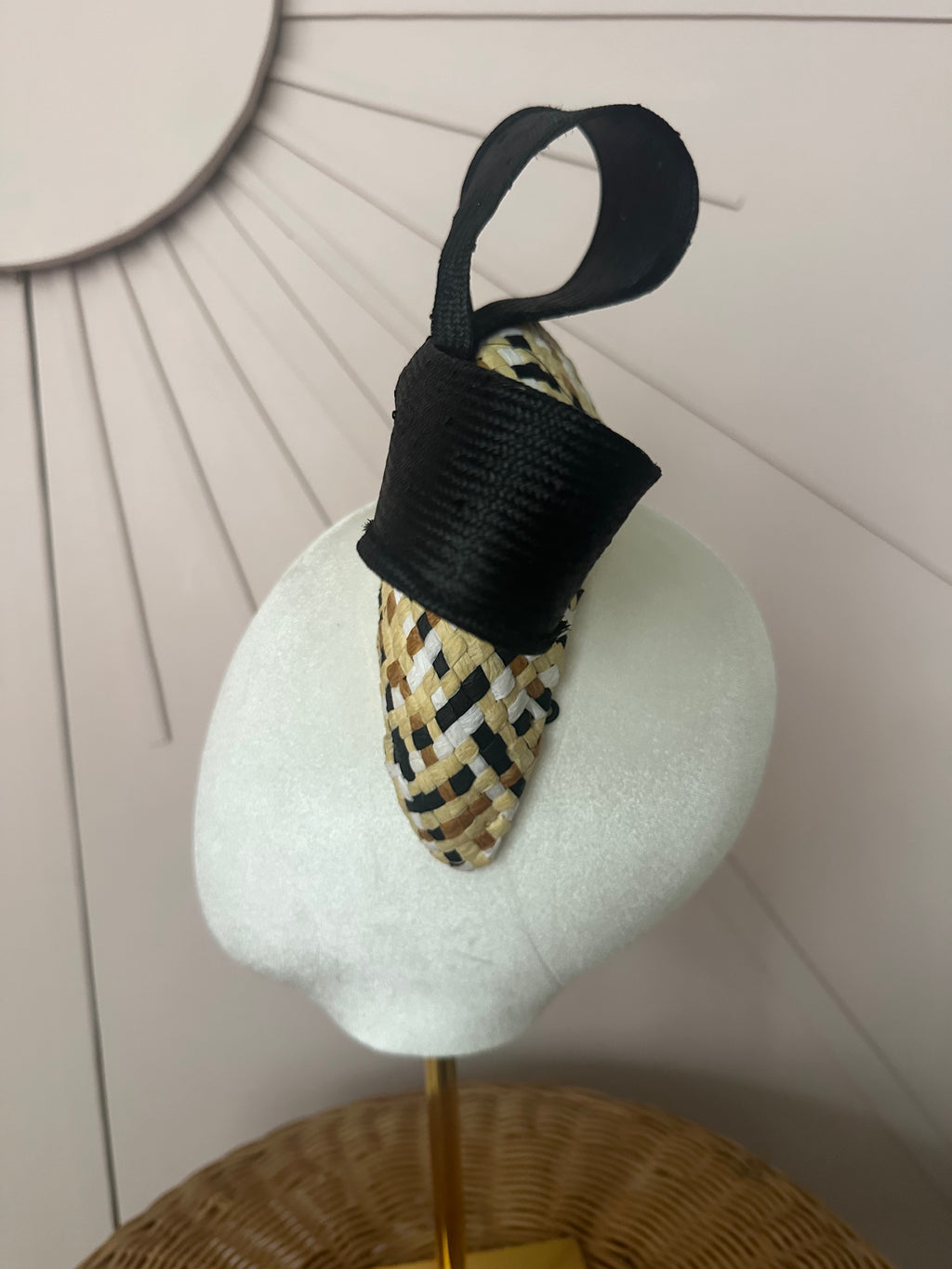 Patterned Straw Halo Headband with Vintage Sisal Bow | One-of-a-Kind Millinery