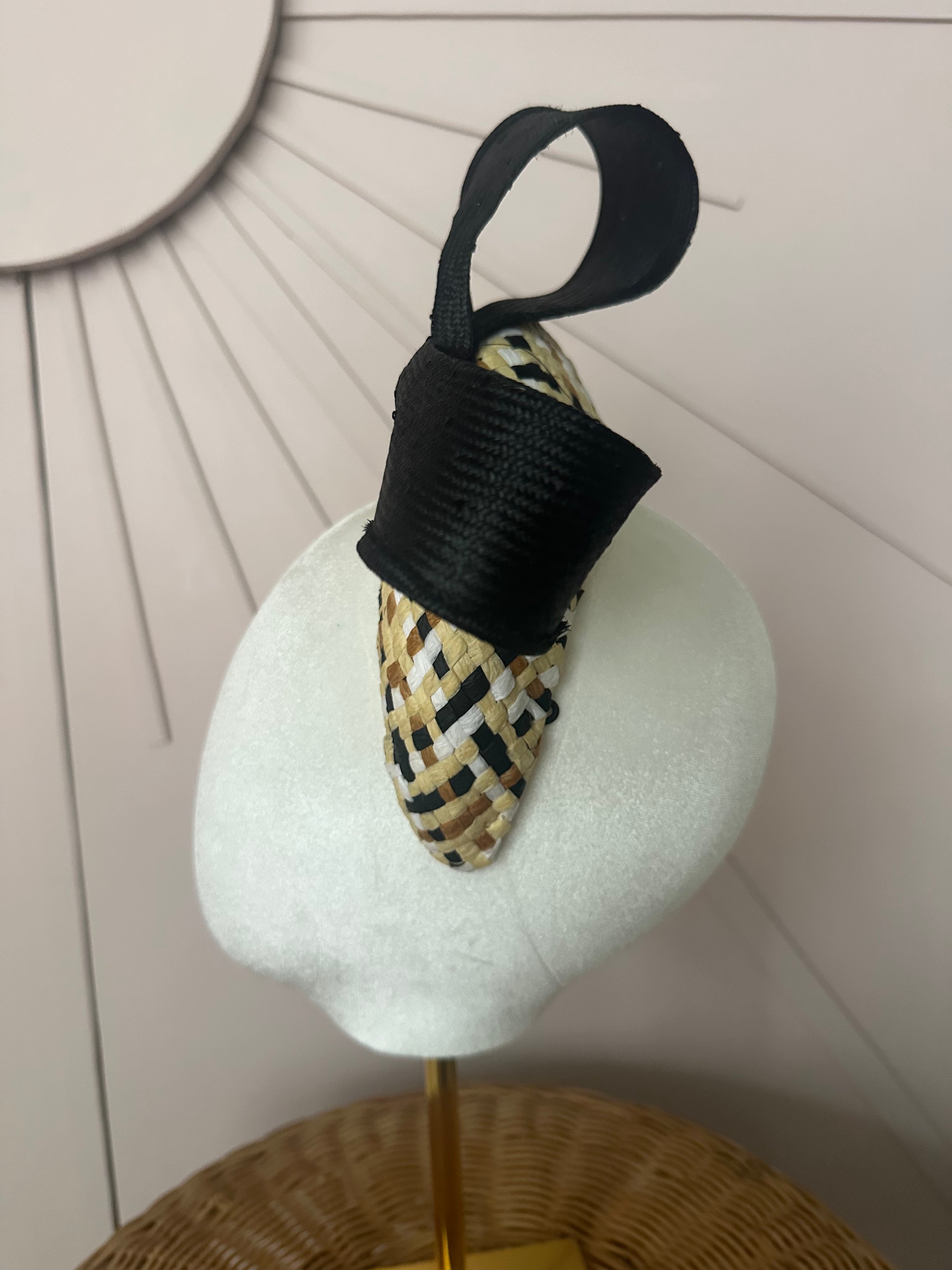 Patterned Straw Halo Headband with Vintage Sisal Bow | One-of-a-Kind Millinery