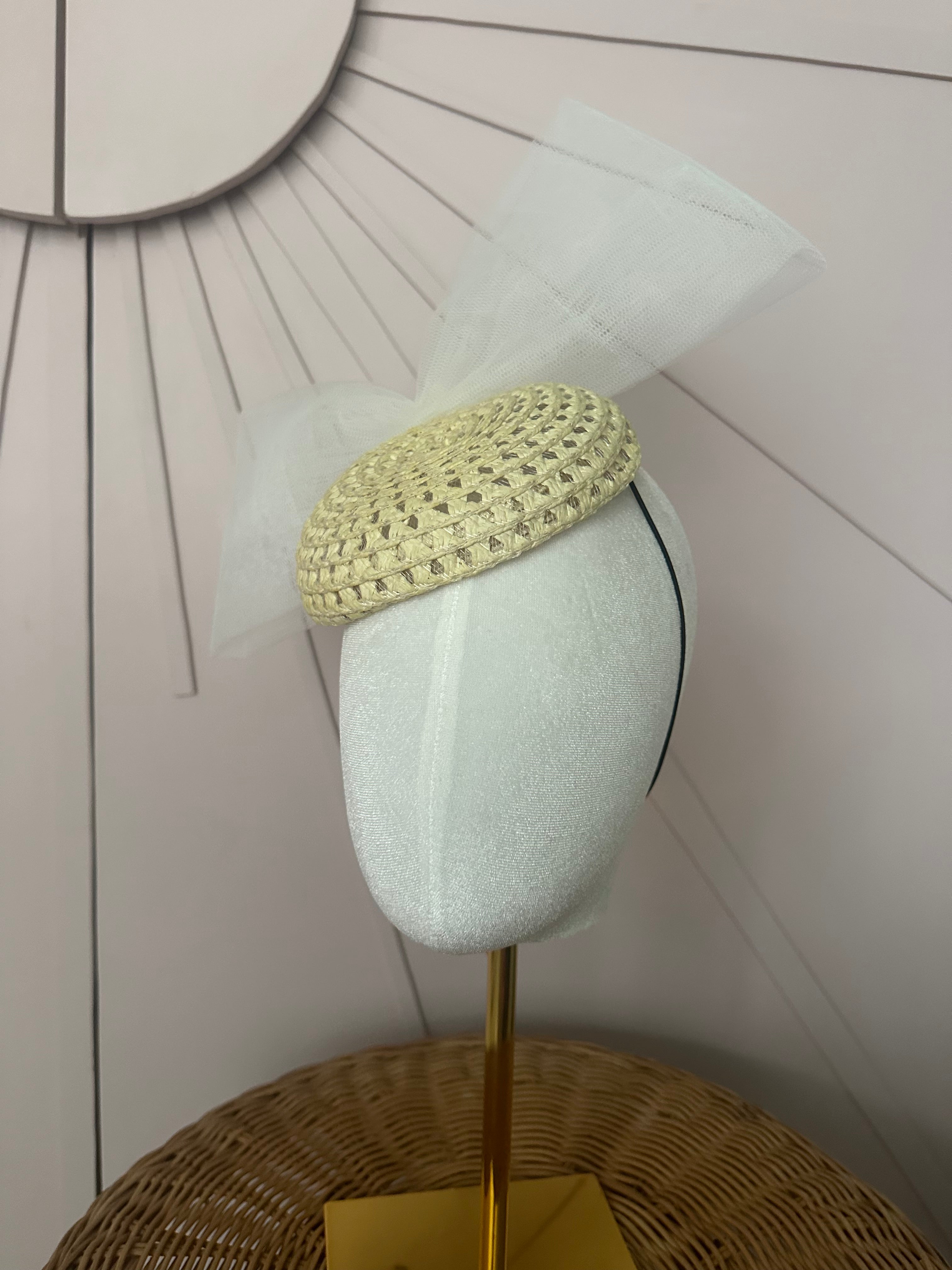 Natural Straw Cocktail Hat with Sculptural Tulle Bow
