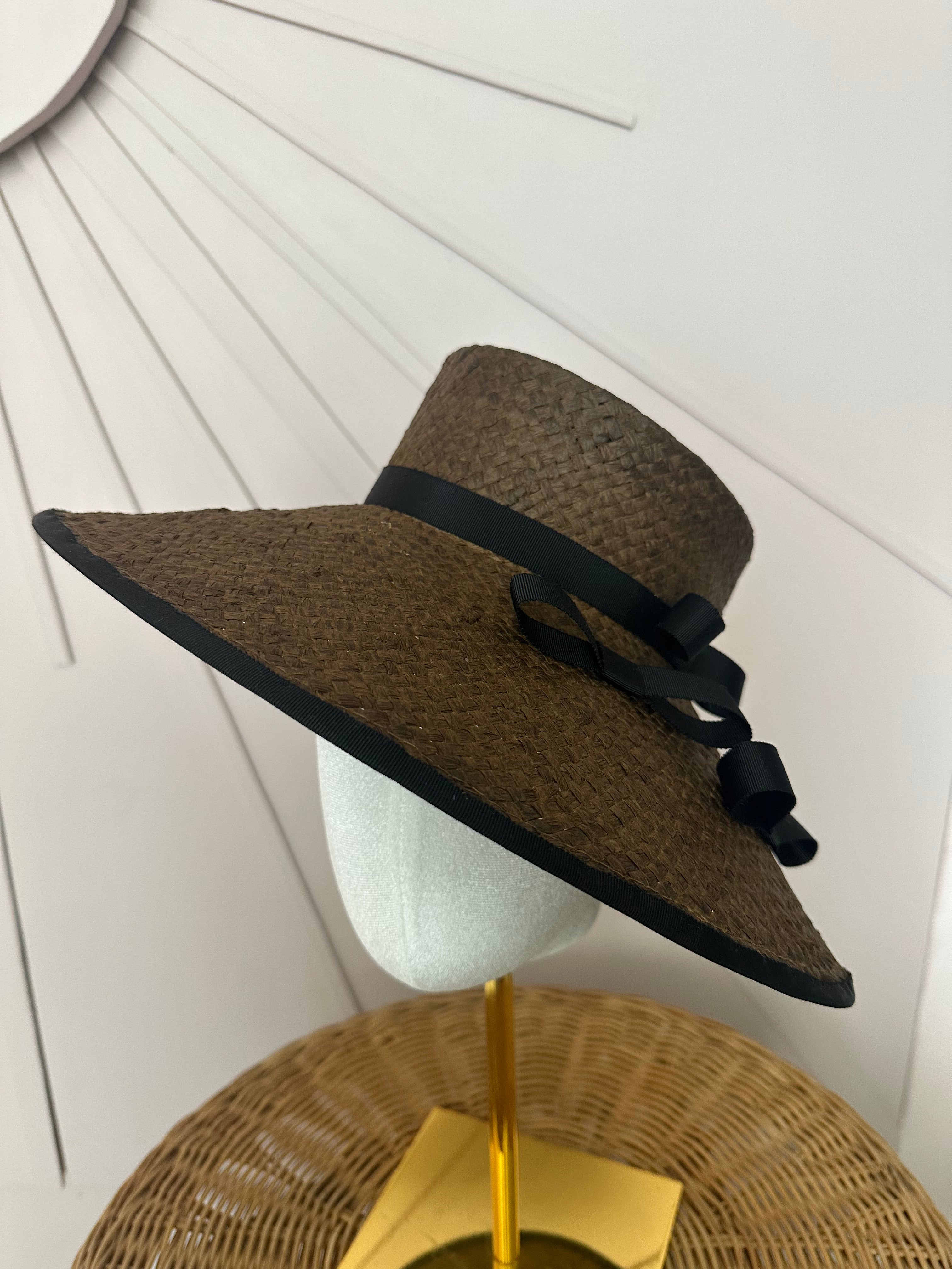Chocolate Brown Wide Brim Straw Occasion Hat with Vintage Black Petersham Trim