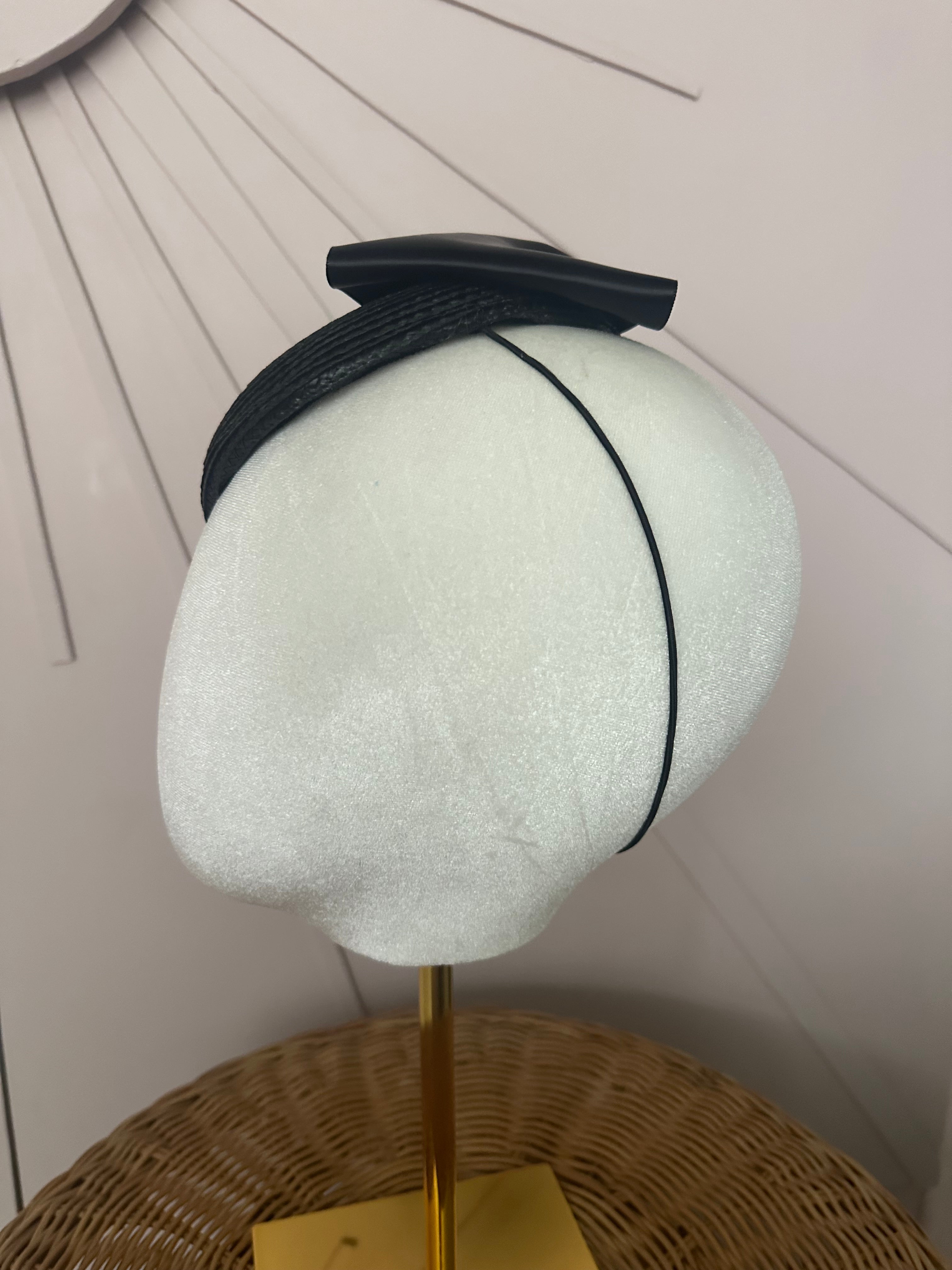 Classic Black Woven Poly Braid Button Cocktail Hat with Sculptural Satin Bow
