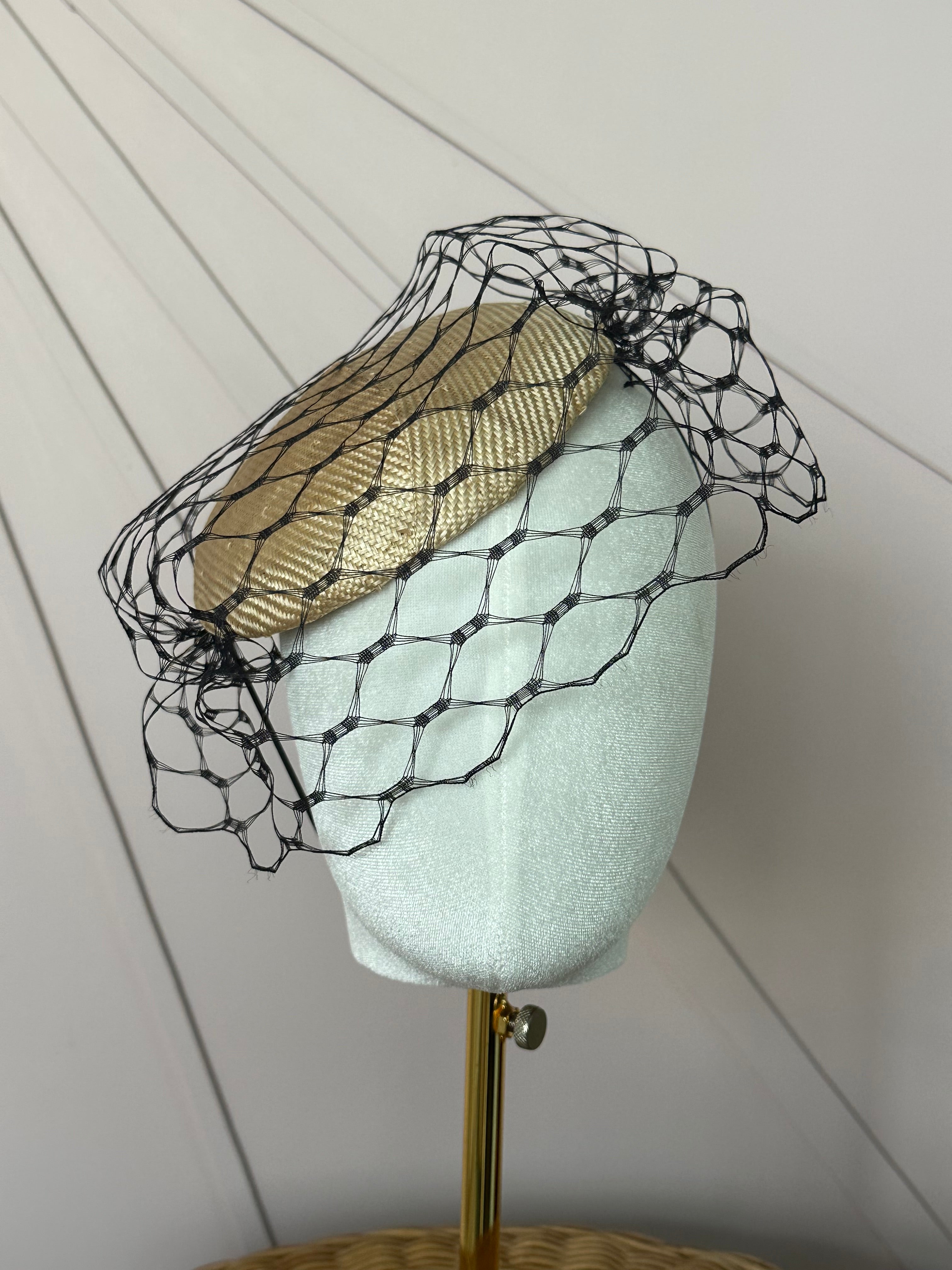Vintage Sisal Cocktail Hat with Deadstock Russian Veiling | One of a Kind