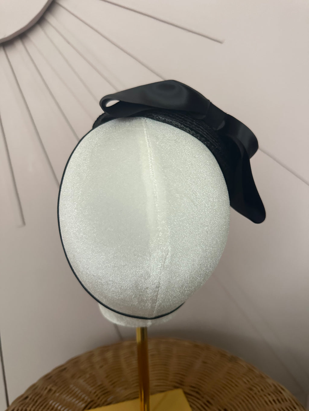 Classic Black Woven Poly Braid Button Cocktail Hat with Sculptural Satin Bow