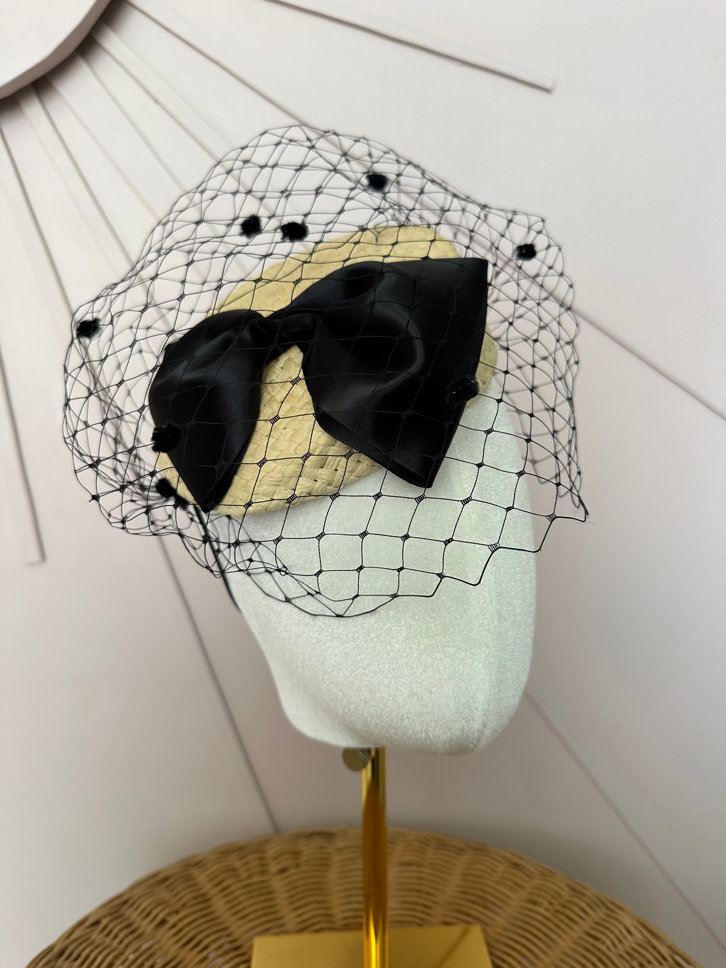 Natural Straw Button Cocktail Hat with Black Bow & French Veiling