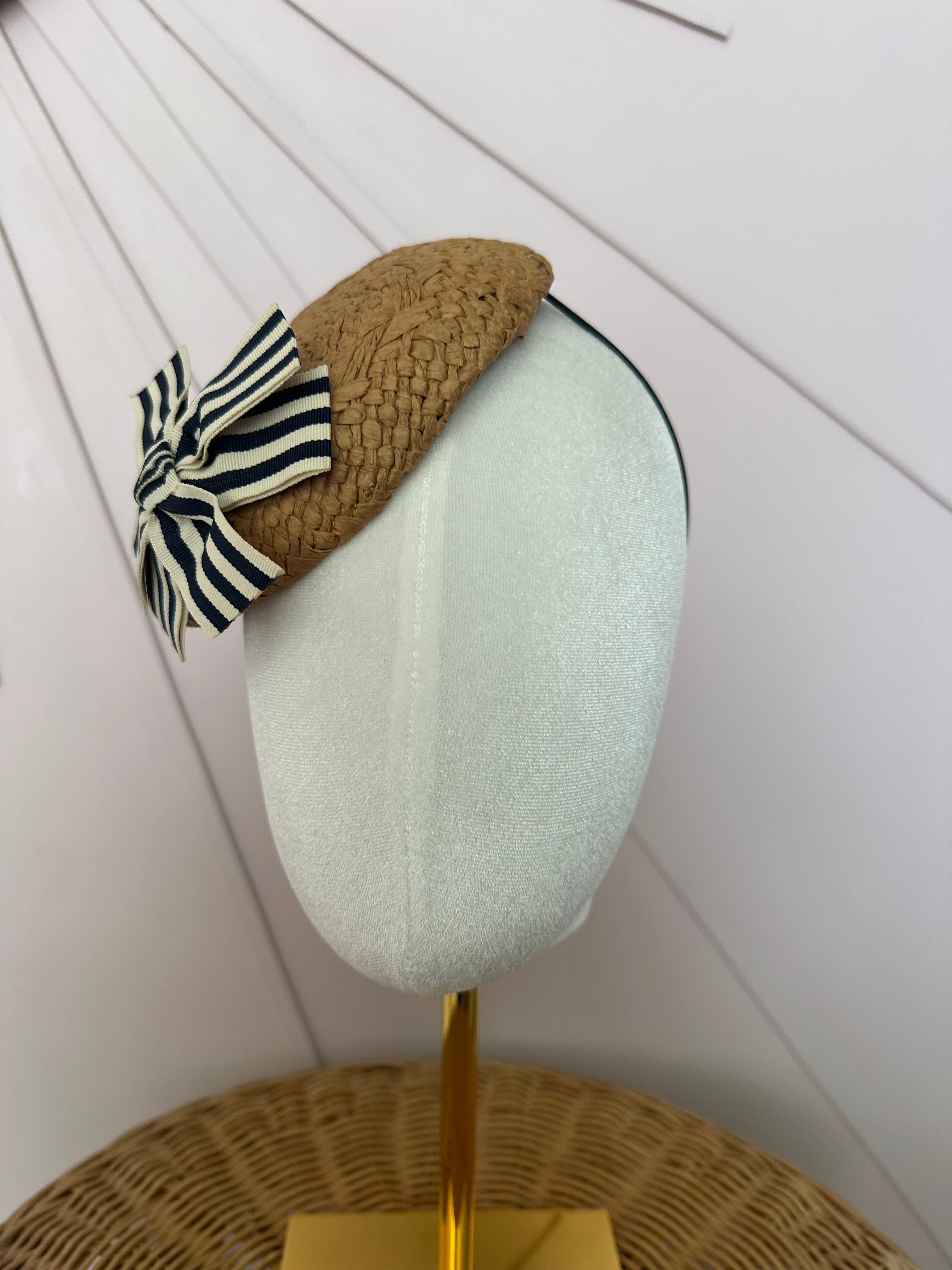Woven Straw Button Cocktail Hat with Navy & Ivory Grosgrain Bow