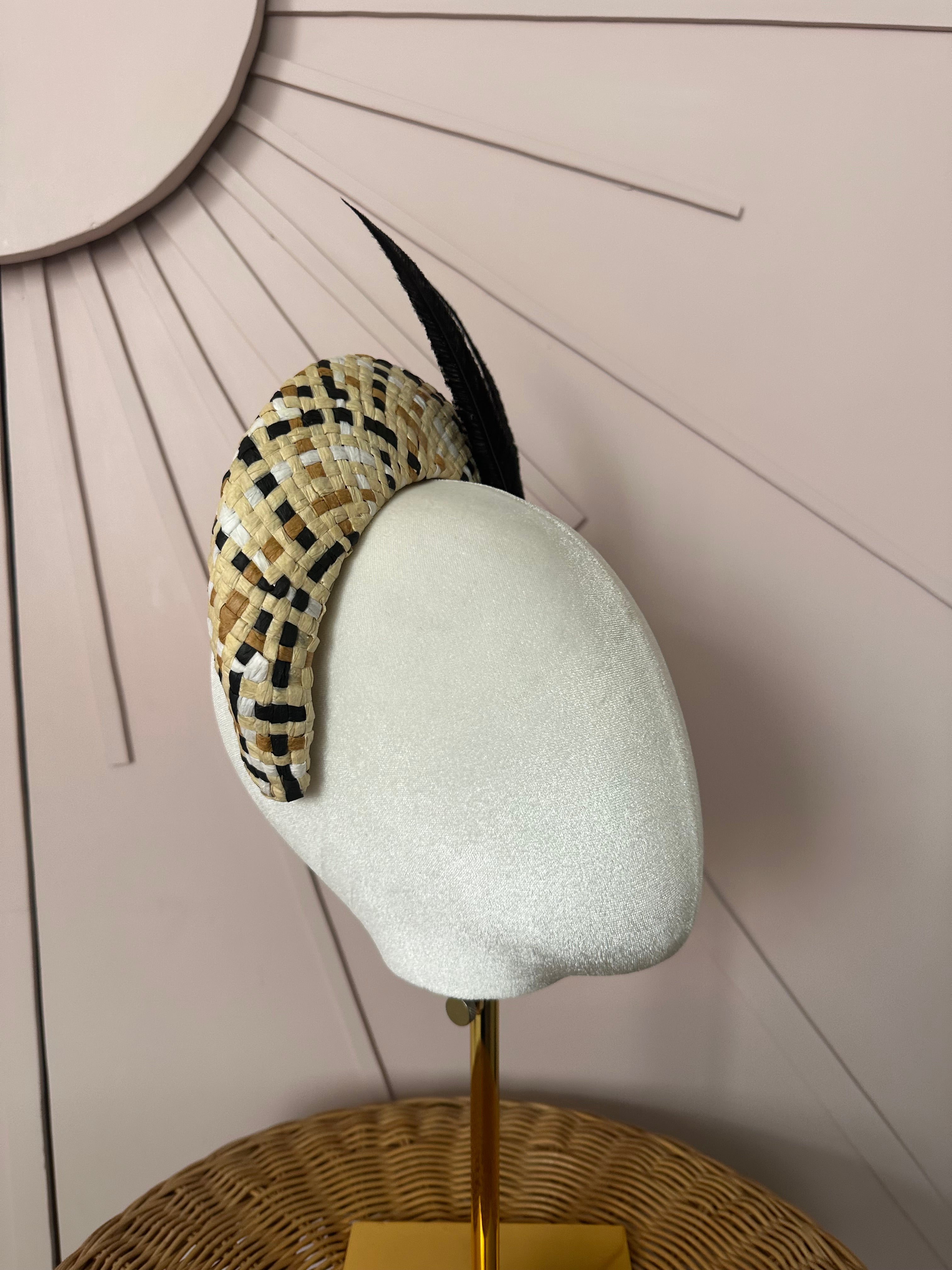 Black & Natural Woven Straw Halo Headpiece Woven with Hand-Trimmed Feather Detail