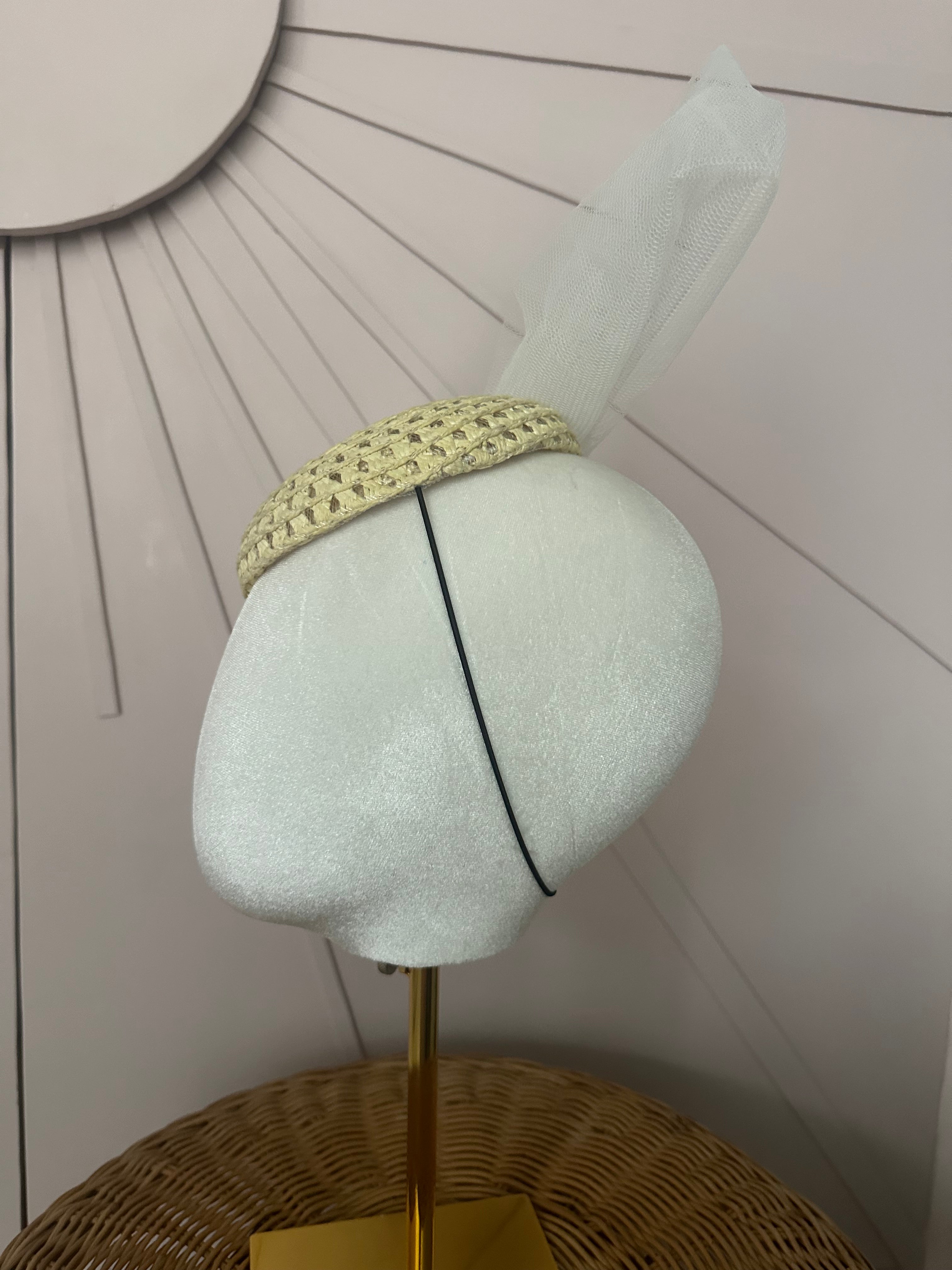 Natural Straw Cocktail Hat with Sculptural Tulle Bow