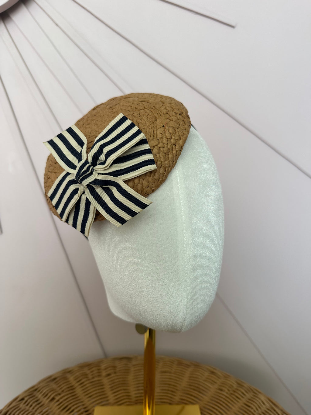 Woven Straw Button Cocktail Hat with Navy & Ivory Grosgrain Bow