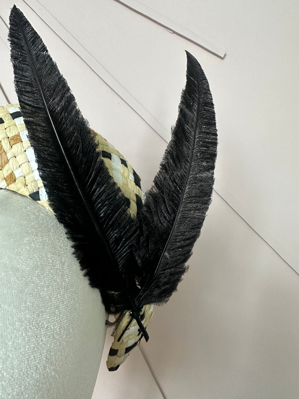 Black & Natural Woven Straw Halo Headpiece Woven with Hand-Trimmed Feather Detail
