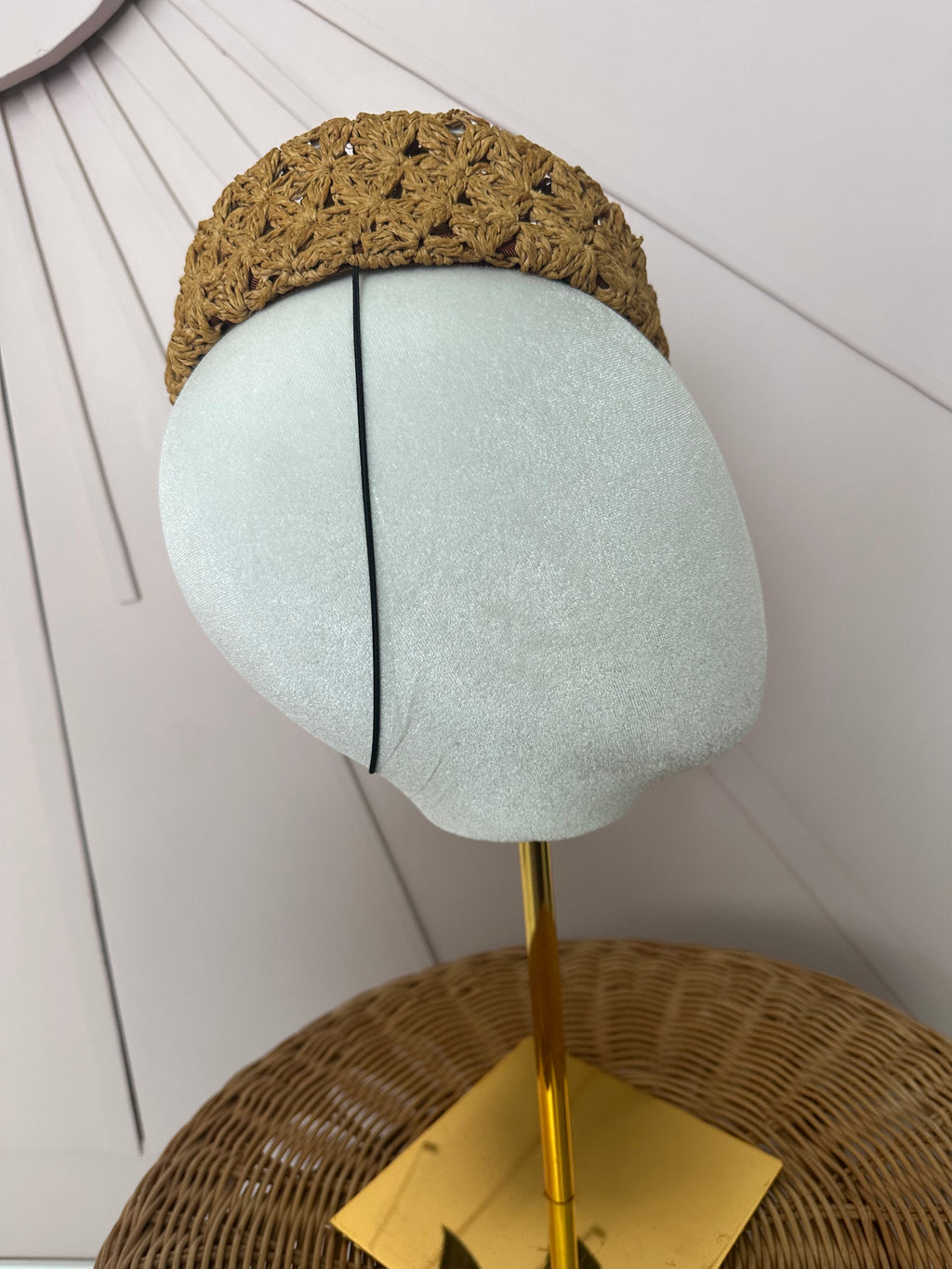 Natural Crochet Straw Button Hat with Black Grosgrain Bow