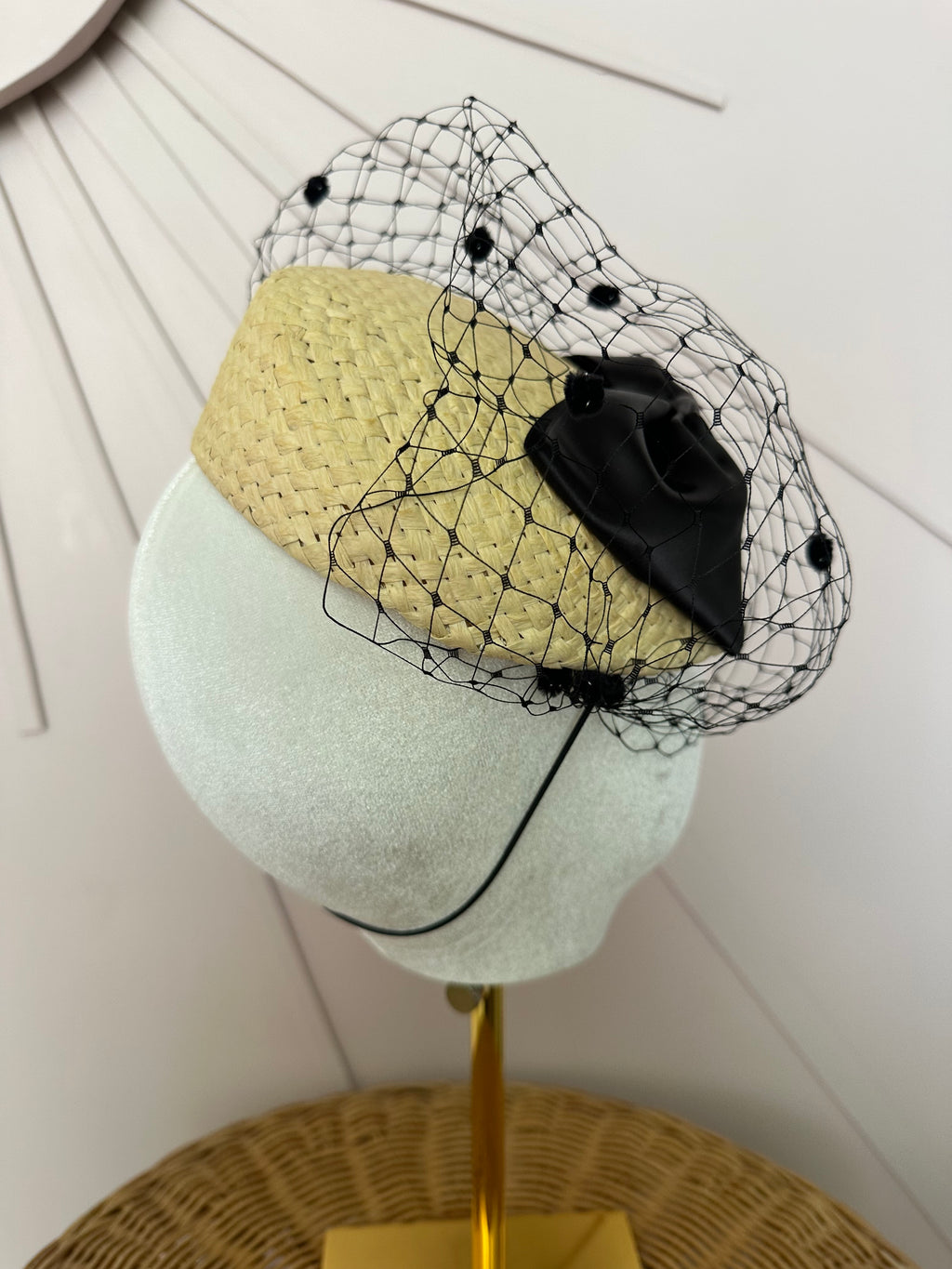 Natural Straw Button Cocktail Hat with Black Bow & French Veiling