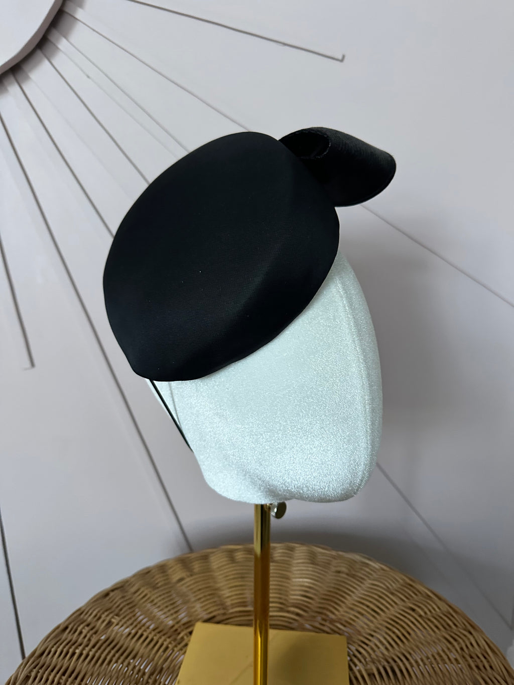 Vintage Black Satin Cocktail Hat with Sculptural Sisal Bow