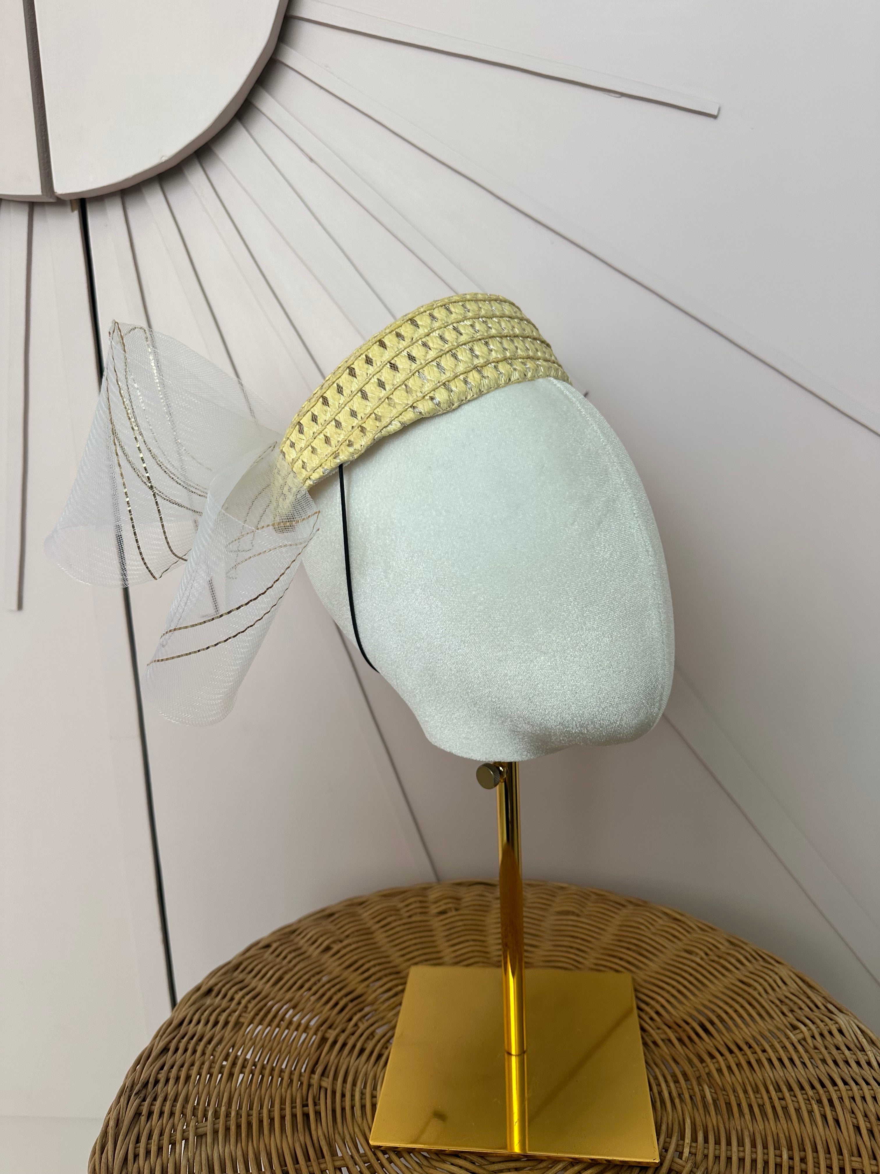 Natural Straw Pillbox Hat with Ivory & Gold Crinoline Bow