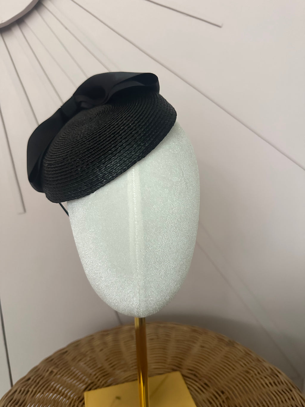 Classic Black Woven Poly Braid Button Cocktail Hat with Sculptural Satin Bow