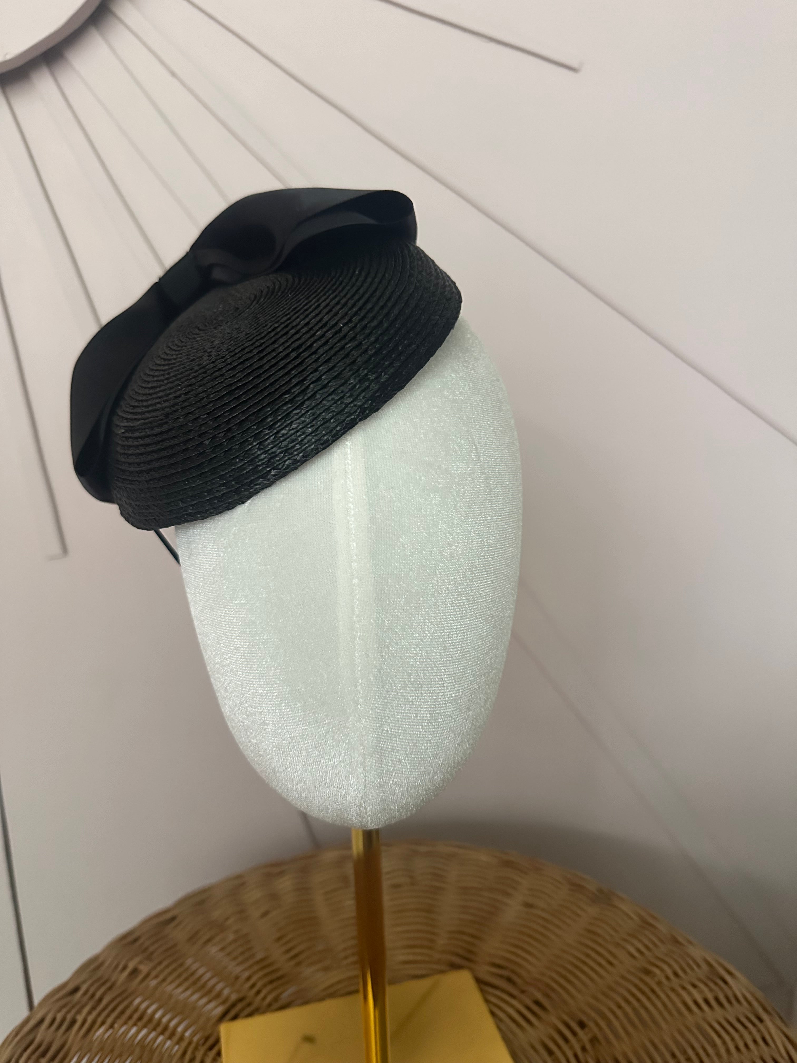 Classic Black Woven Poly Braid Button Cocktail Hat with Sculptural Satin Bow