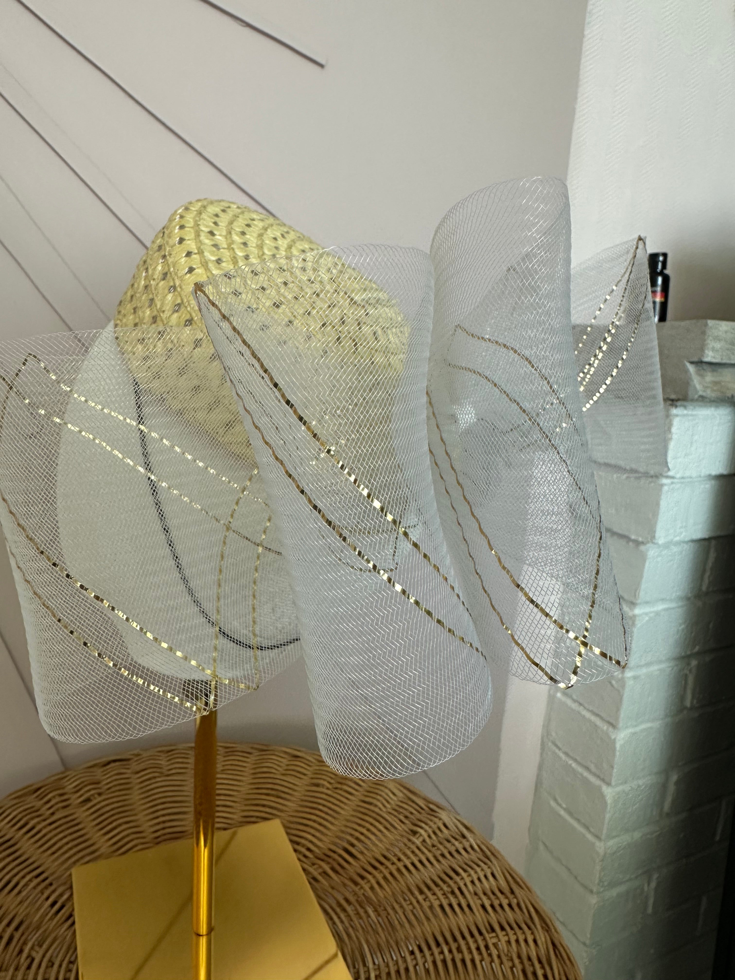 Natural Straw Pillbox Hat with Ivory & Gold Crinoline Bow