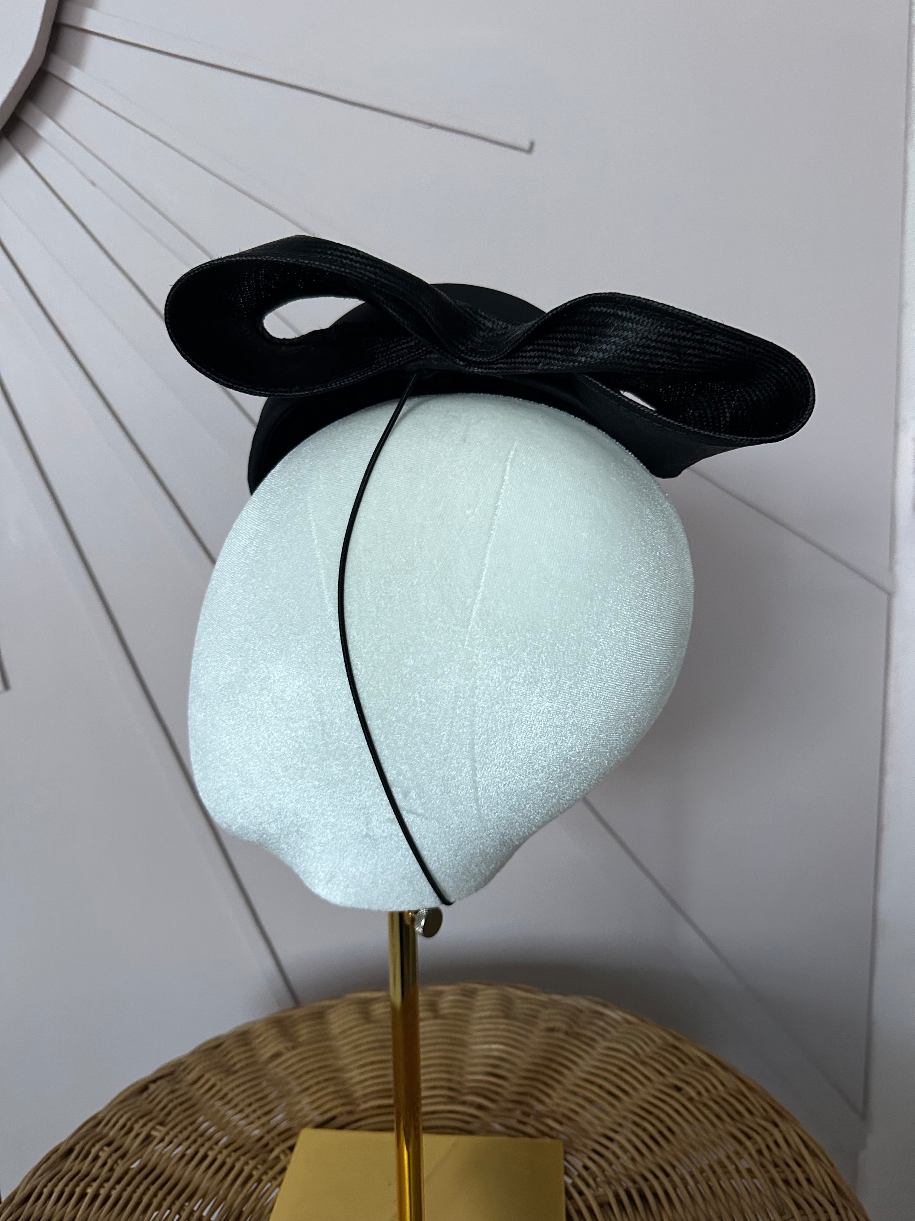 Vintage Black Satin Cocktail Hat with Sculptural Sisal Bow