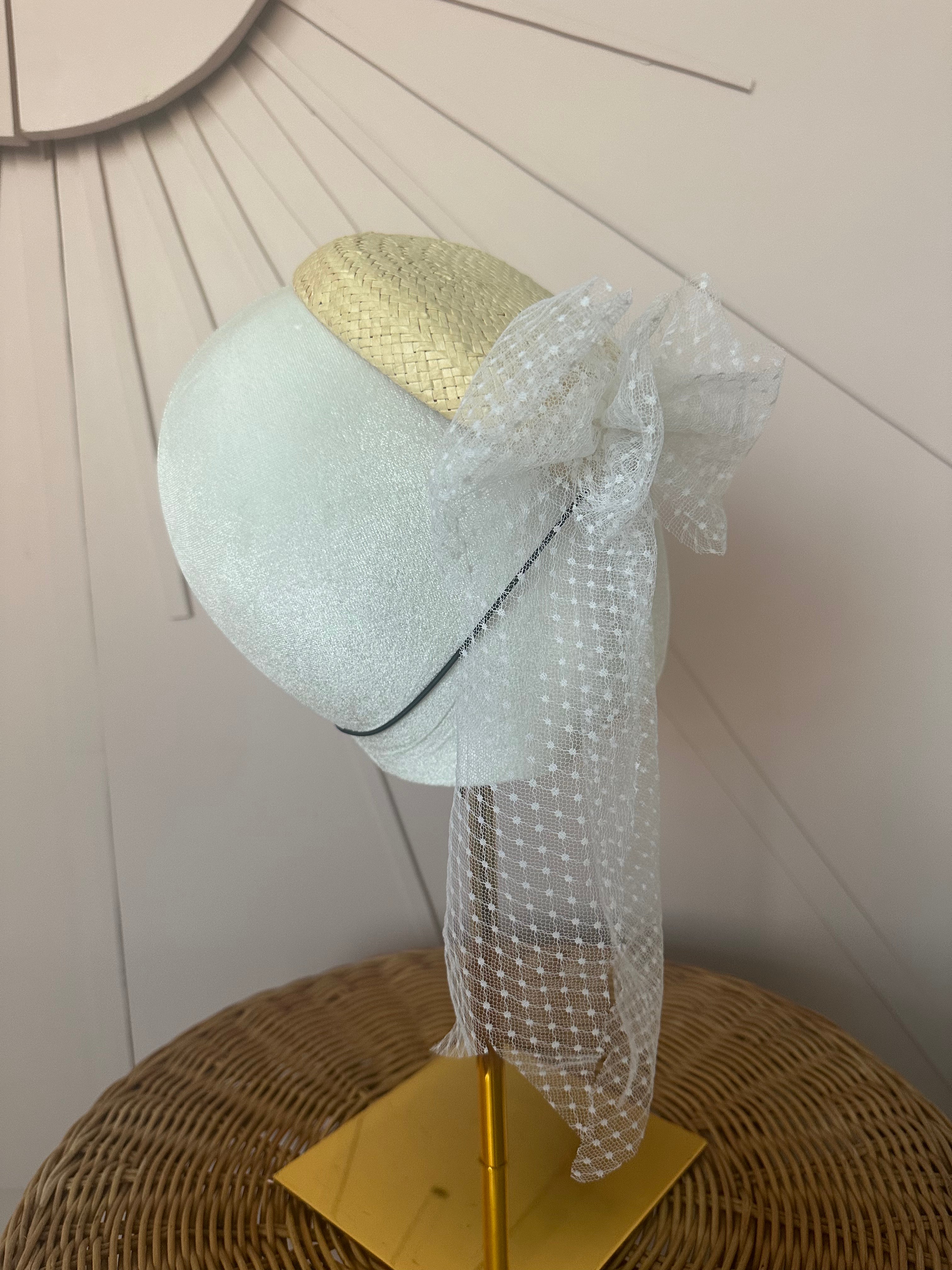 One-of-a-Kind Sustainable Straw Fascinator with Vintage Tulle Bow
