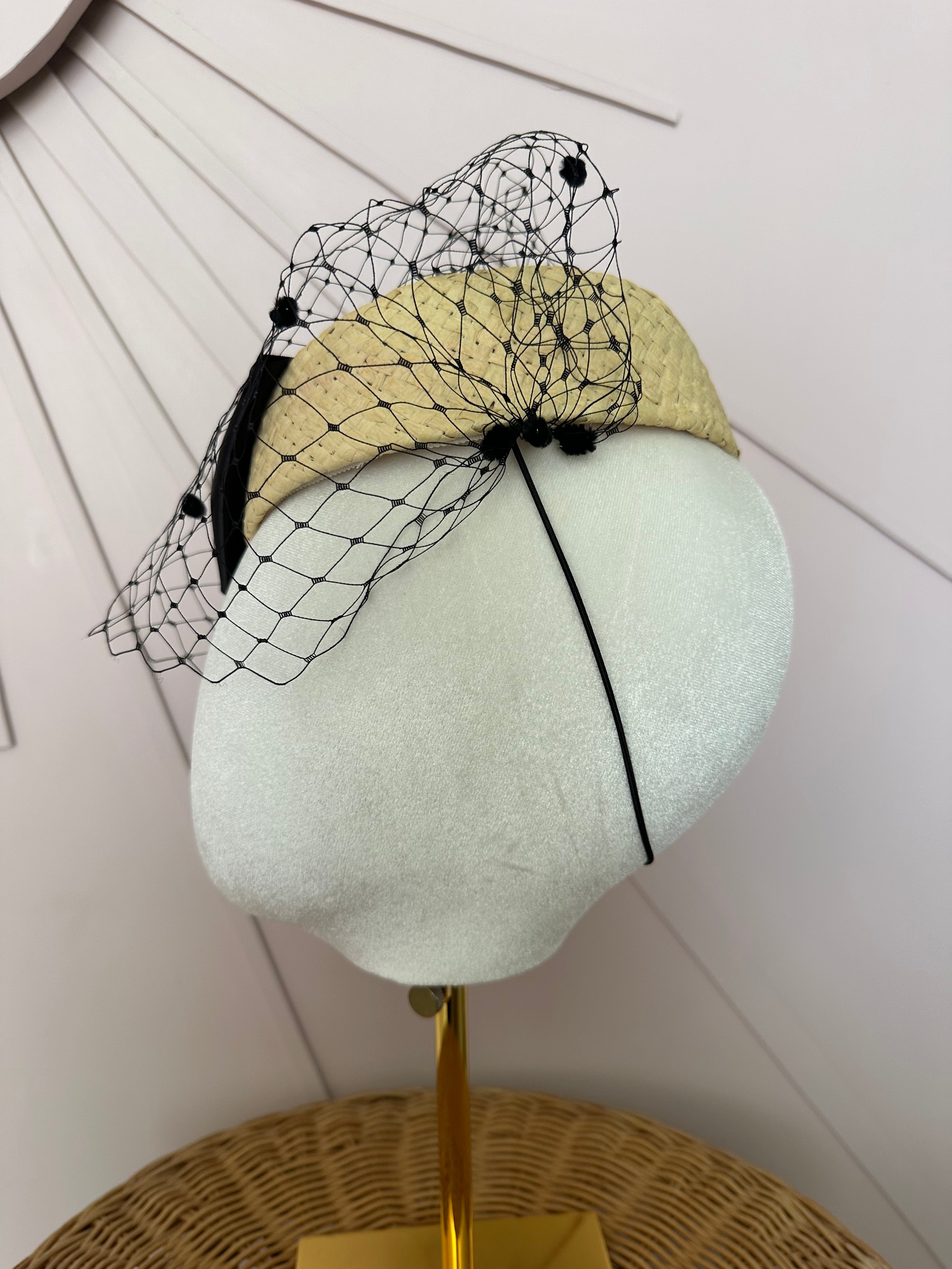 Natural Straw Button Cocktail Hat with Black Bow & French Veiling