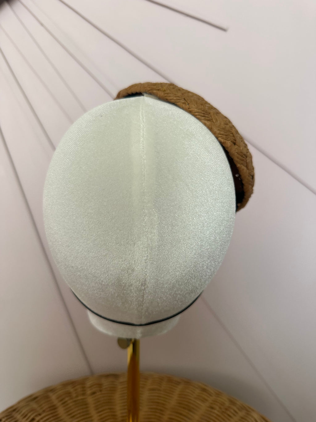 Woven Straw Button Cocktail Hat with Navy & Ivory Grosgrain Bow