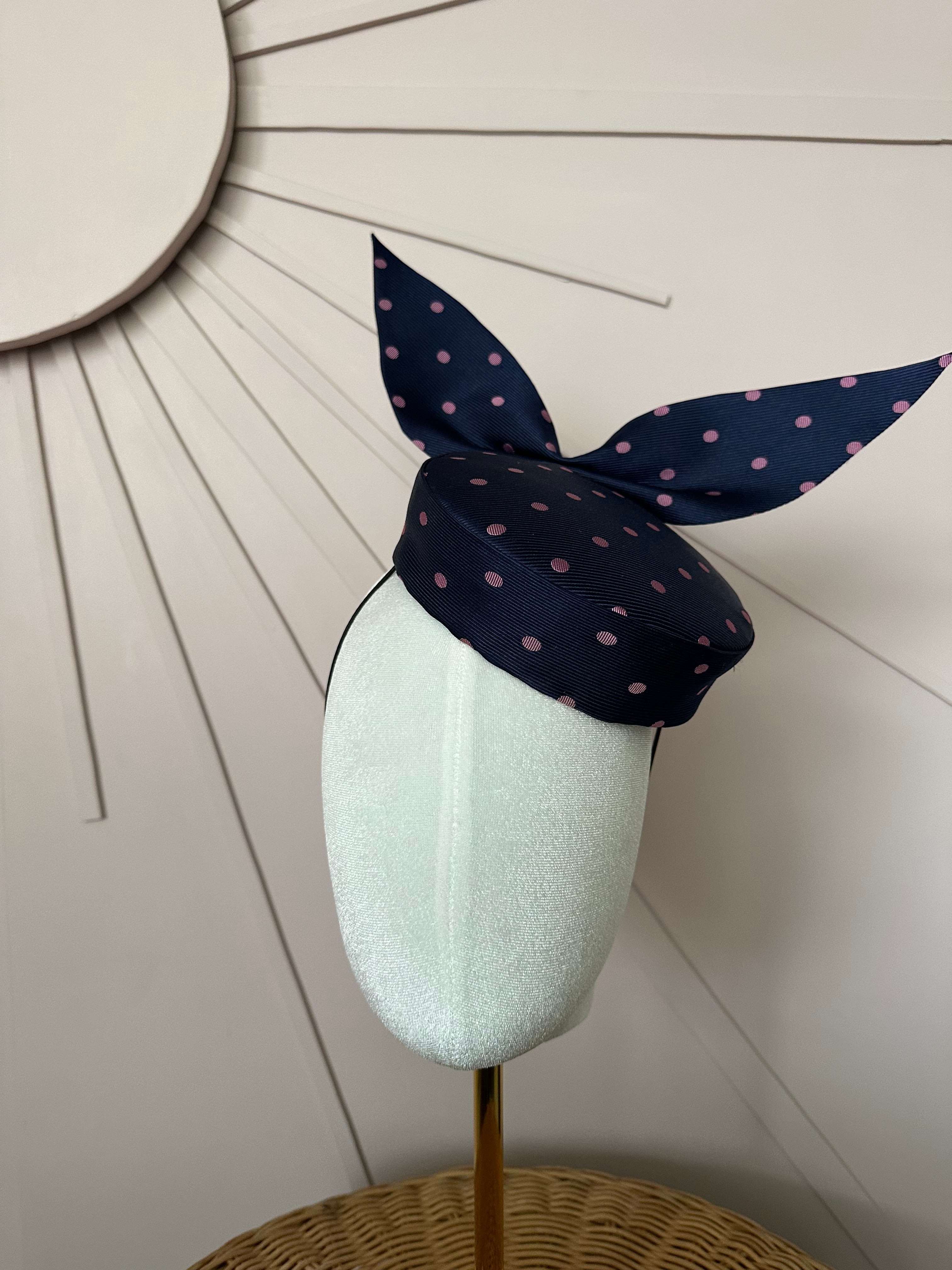 Navy Silk Pillbox Hat with Sculptural Bow