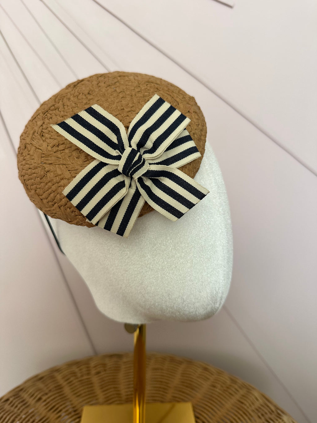 Woven Straw Button Cocktail Hat with Navy & Ivory Grosgrain Bow