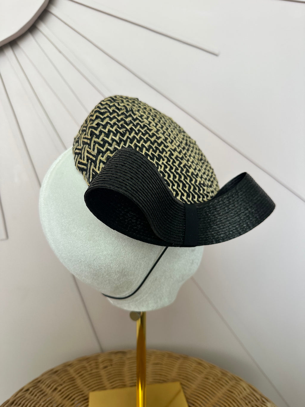 Black & Natural Woven Pillbox Hat with Sculptural Bow