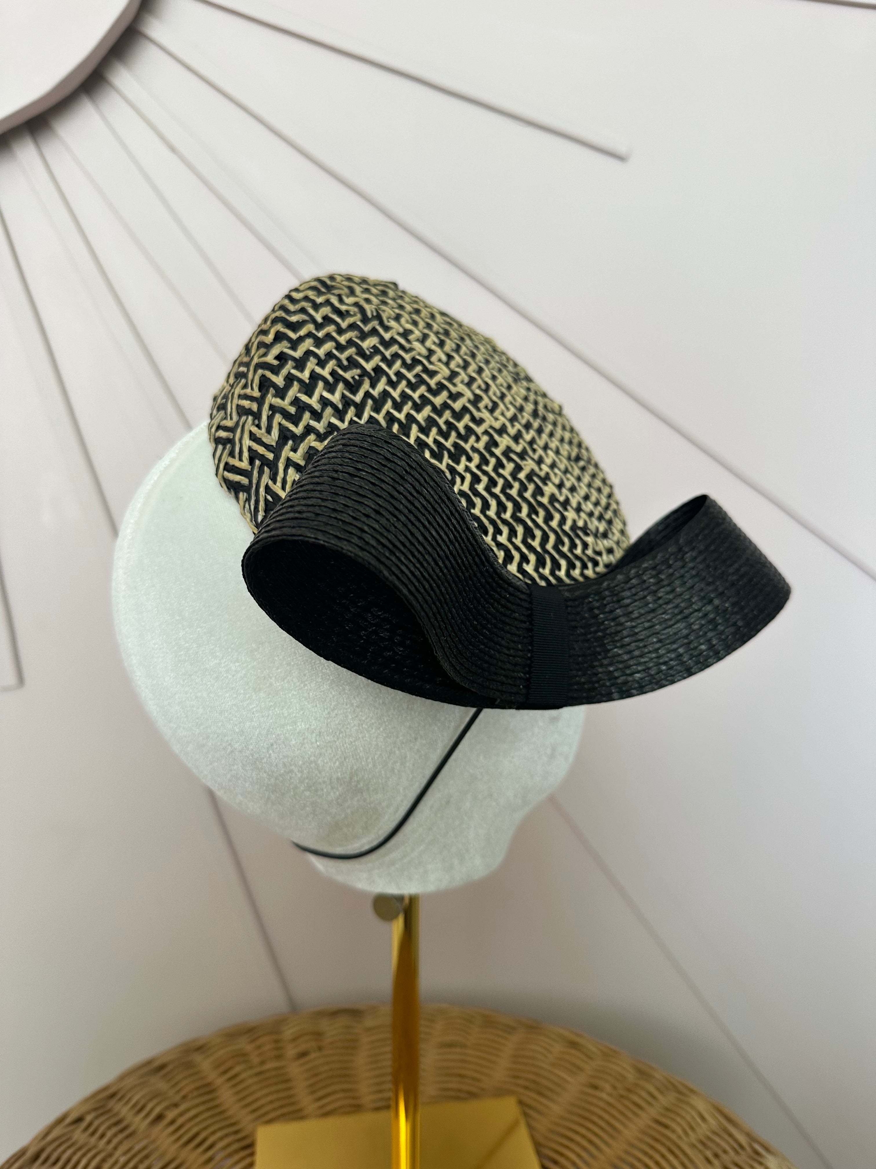 Black & Natural Woven Pillbox Hat with Sculptural Bow