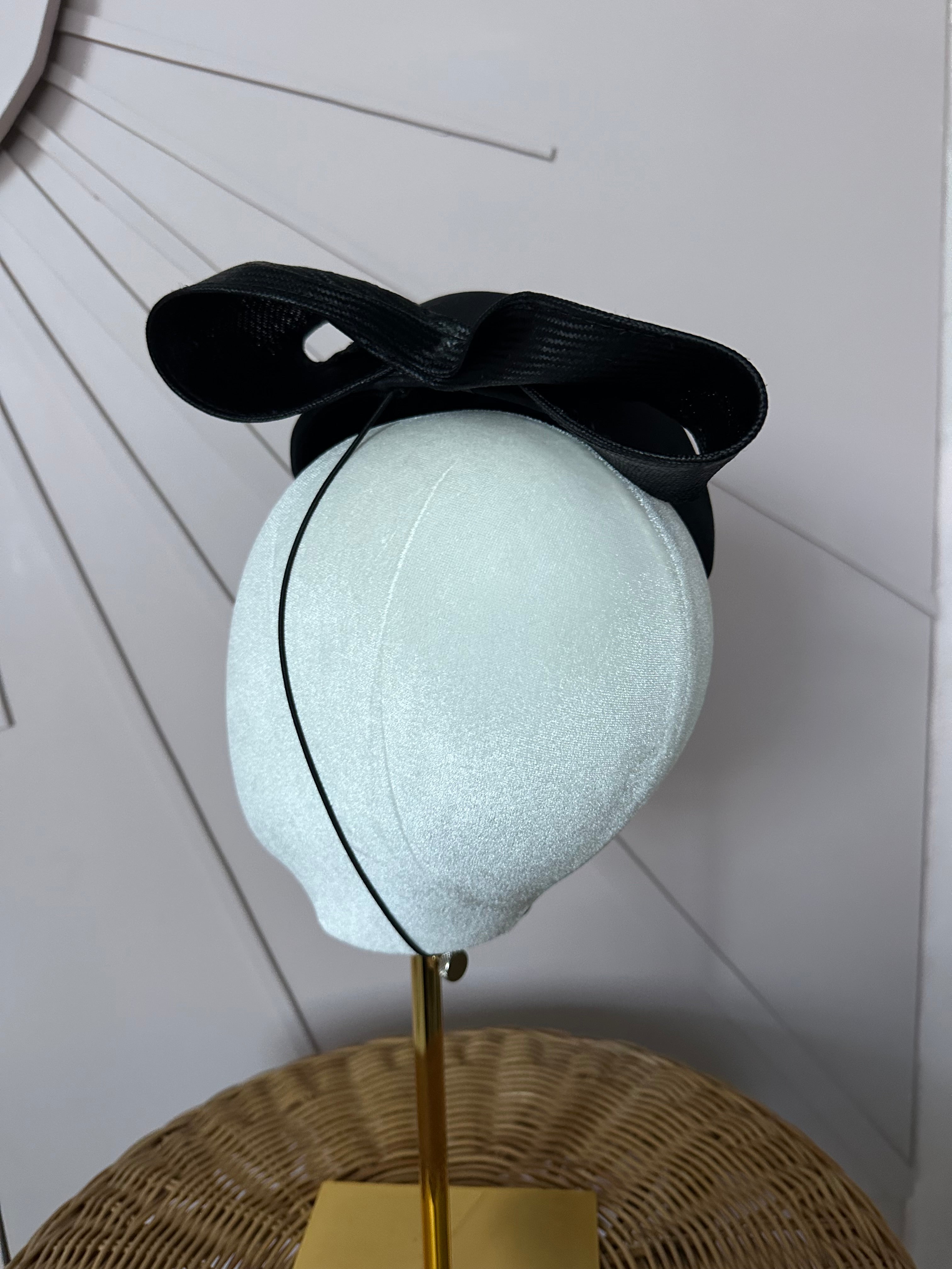 Vintage Black Satin Cocktail Hat with Sculptural Sisal Bow