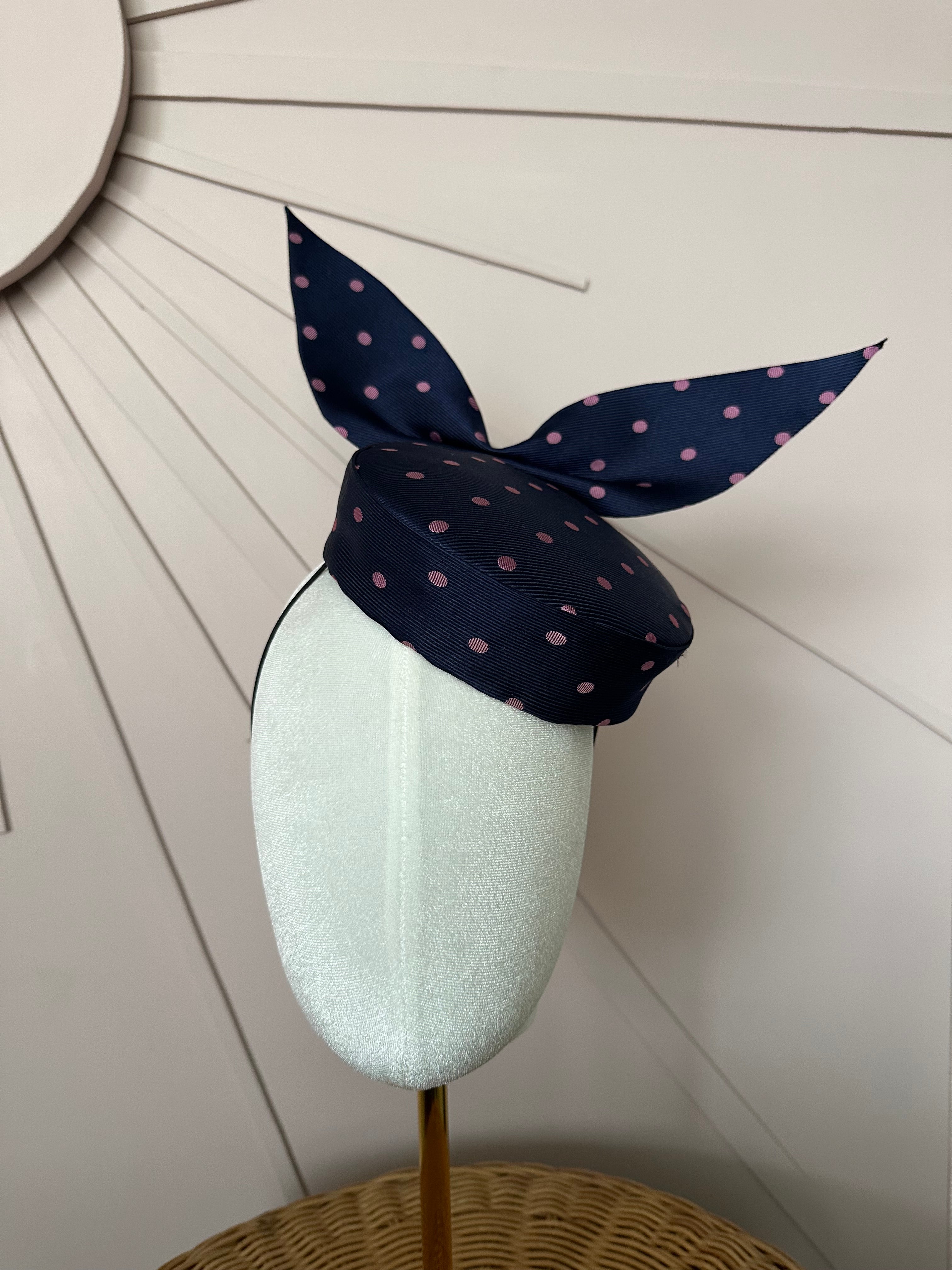 Navy Silk Pillbox Hat with Sculptural Bow